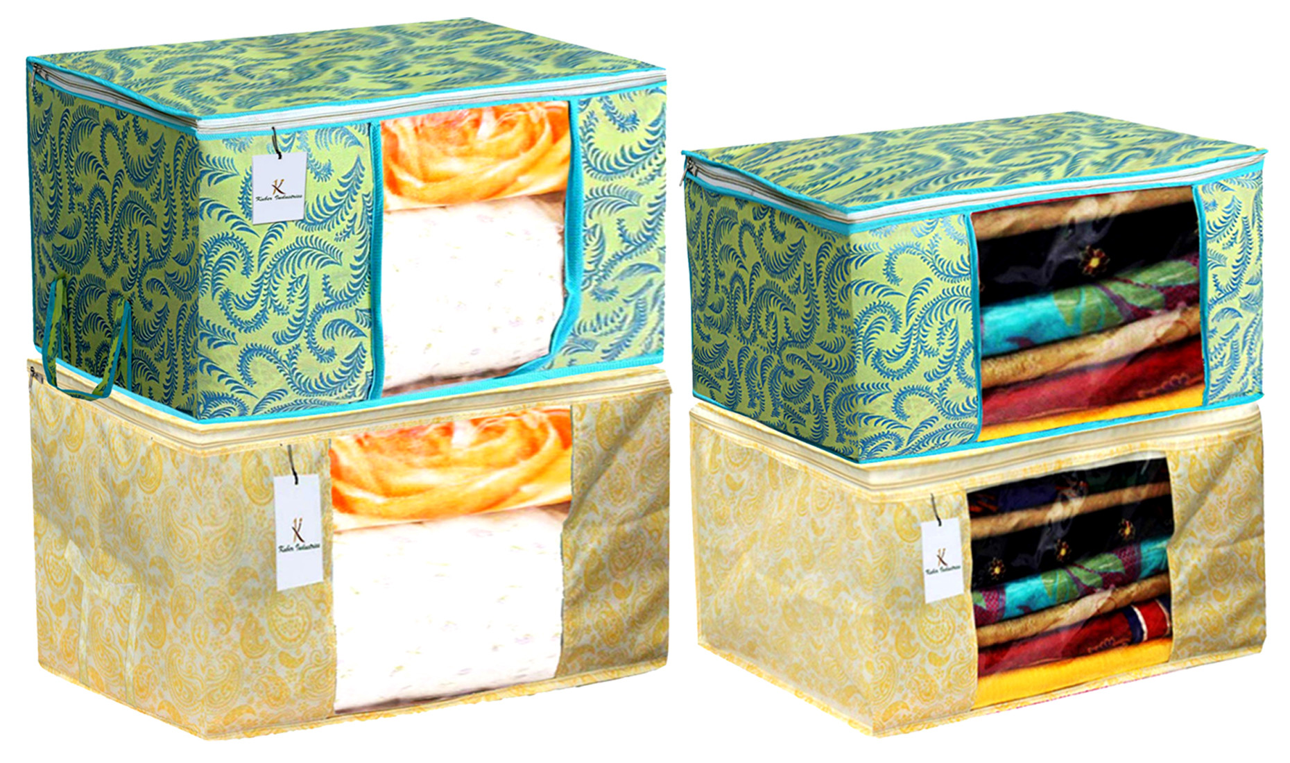 Kuber Industries Metalic Printed Non Woven Saree Cover And Underbed Storage Bag, Storage Organiser, Blanket Cover, Green & Gold -CTKTC42393