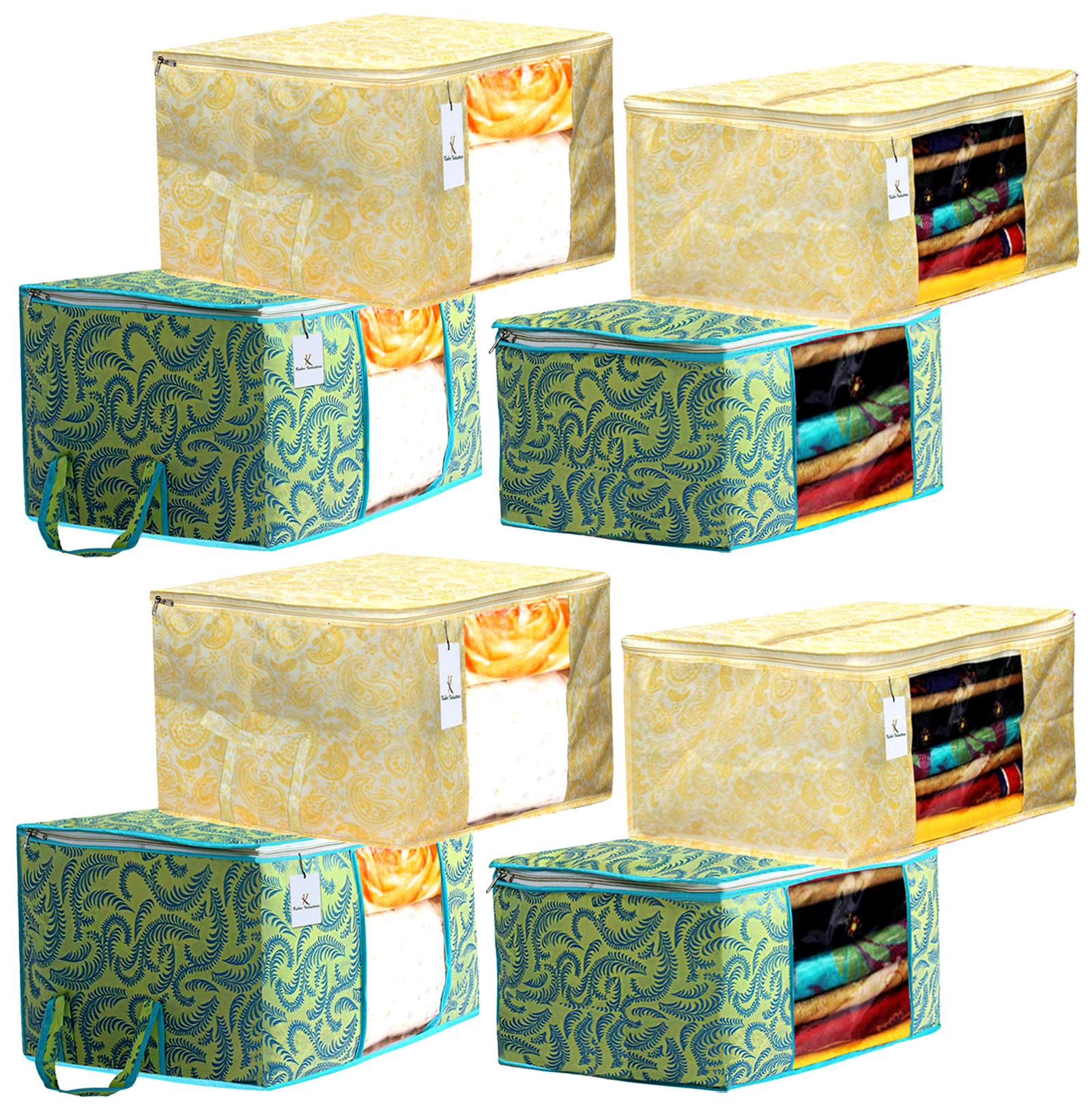 Kuber Industries Metalic Printed Non Woven Saree Cover And Underbed Storage Bag, Storage Organiser, Blanket Cover, Green & Gold -CTKTC42393