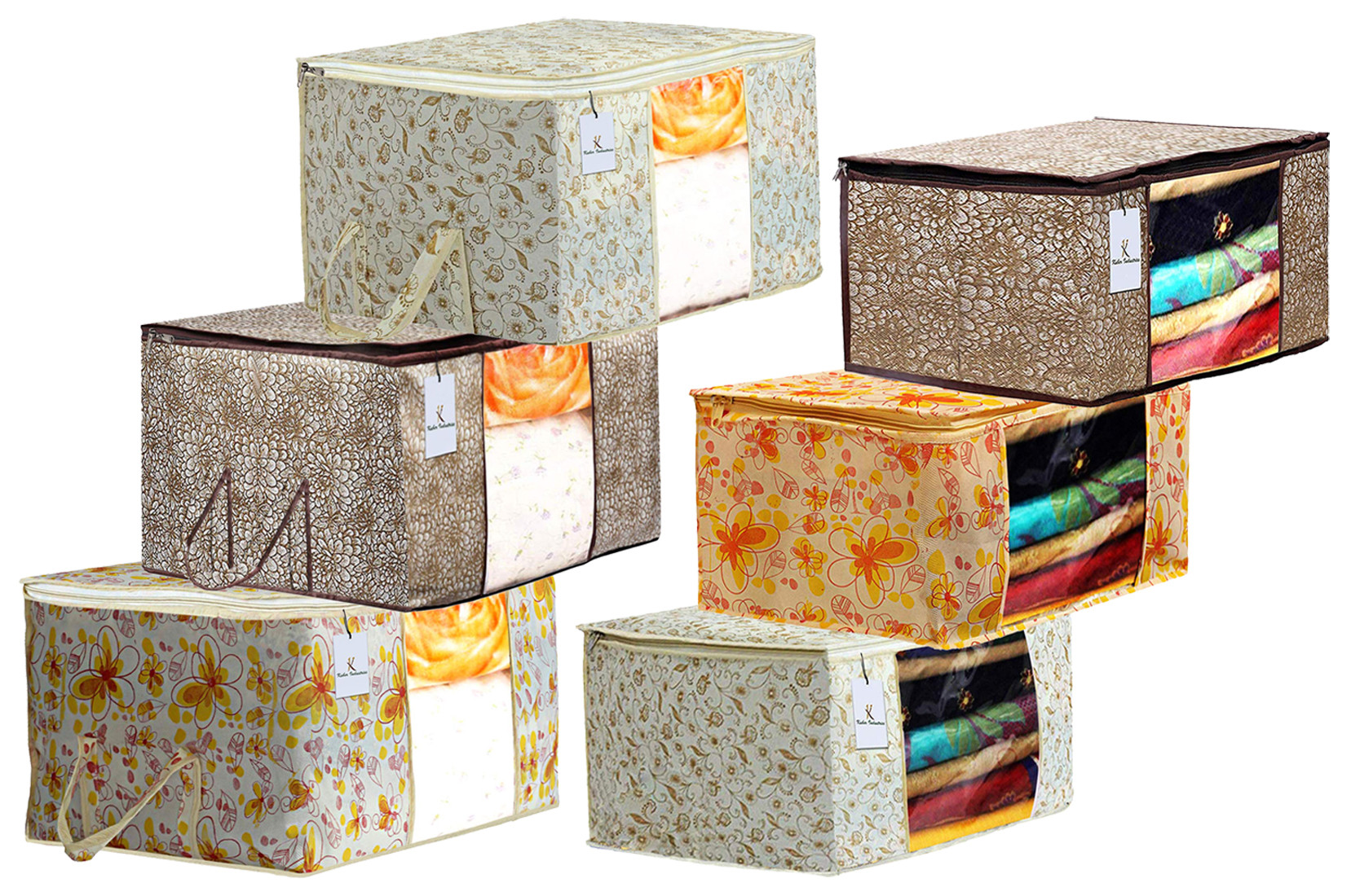 Kuber Industries Metalic Printed Non Woven Saree Cover And Underbed Storage Bag, Storage Organiser, Blanket Cover, Brown & Golden Brown & Ivory Red  -CTKTC42401
