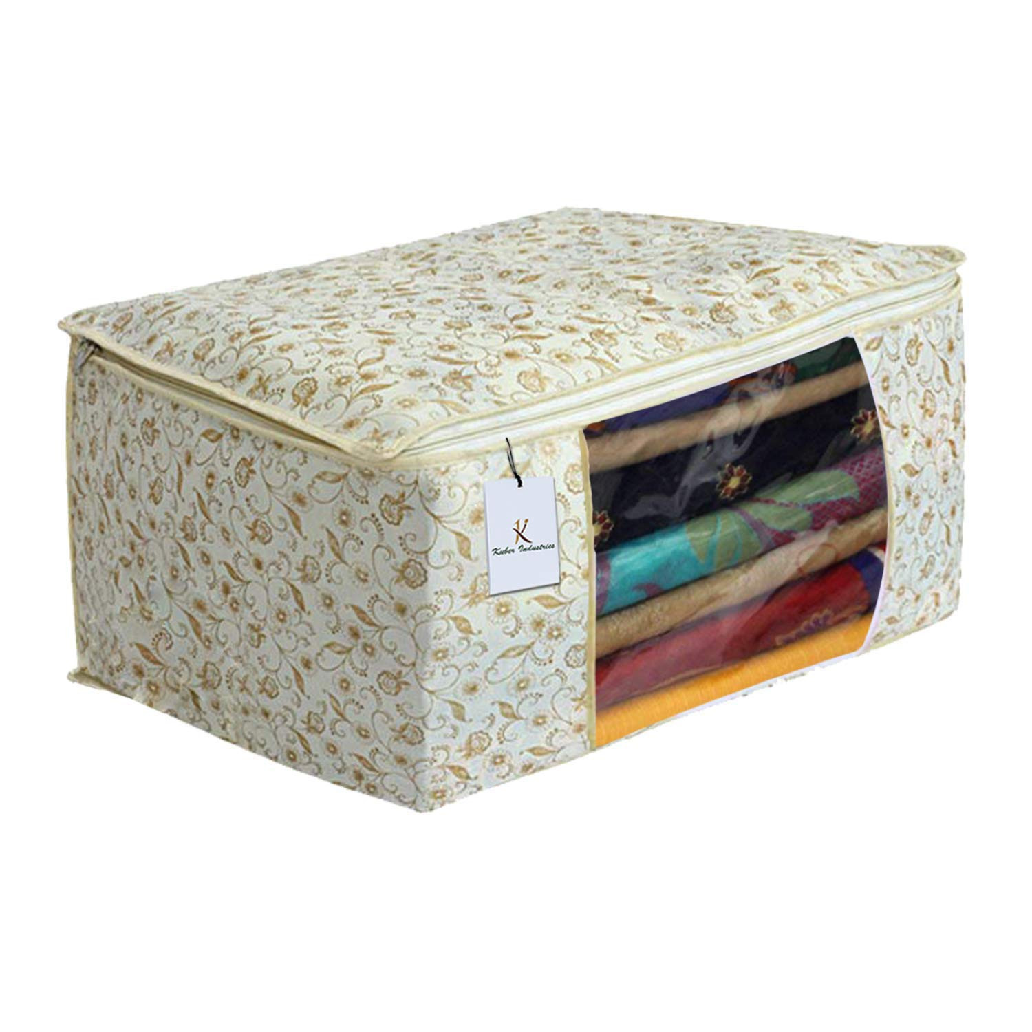 Kuber Industries Metalic Printed Non Woven Saree Cover And Underbed Storage Bag, Storage Organiser, Blanket Cover, Brown & Golden Brown & Ivory Red  -CTKTC42401