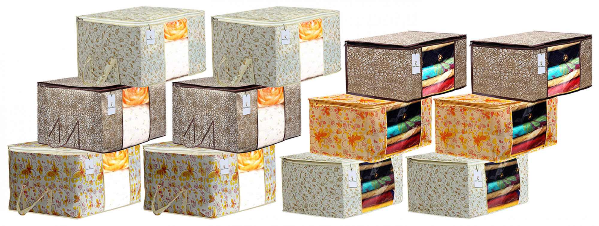 Kuber Industries Metalic Printed Non Woven Saree Cover And Underbed Storage Bag, Storage Organiser, Blanket Cover, Brown & Golden Brown & Ivory Red  -CTKTC42401