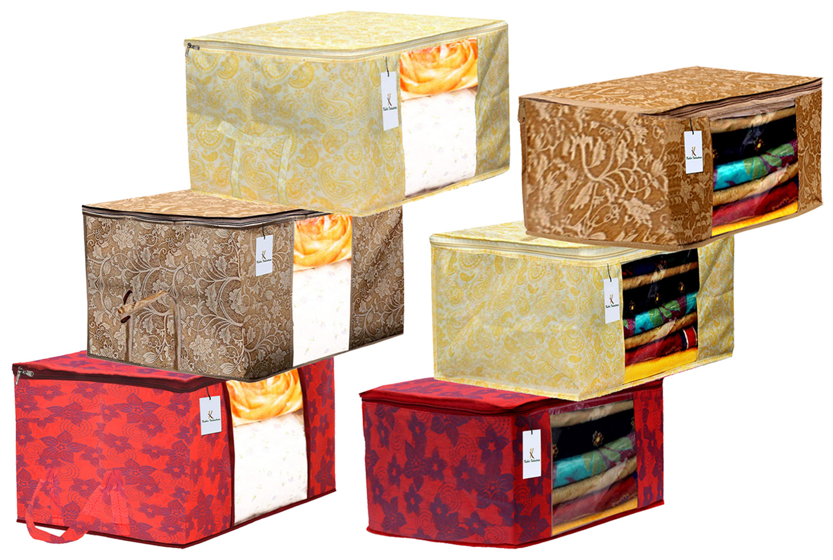 Kuber Industries Metalic Printed Non Woven Saree Cover And Underbed Storage Bag, Storage Organiser, Blanket Cover, Gold & Red & Beige  -CTKTC42403