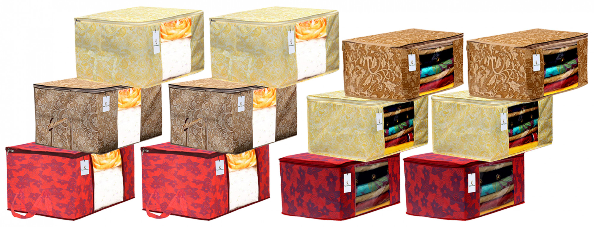 Kuber Industries Metalic Printed Non Woven Saree Cover And Underbed Storage Bag, Storage Organiser, Blanket Cover, Gold & Red & Beige  -CTKTC42403