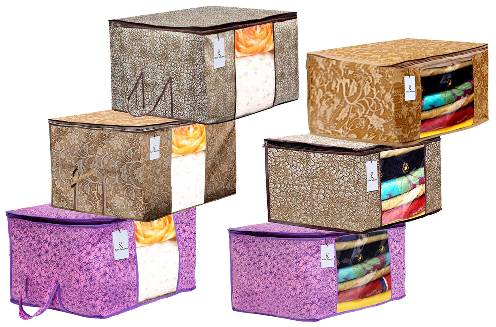 Kuber Industries Metalic Printed Non Woven Saree Cover And Underbed Storage Bag, Storage Organiser, Blanket Cover, Pink Purple & Golden Brown & Beige  -CTKTC42405