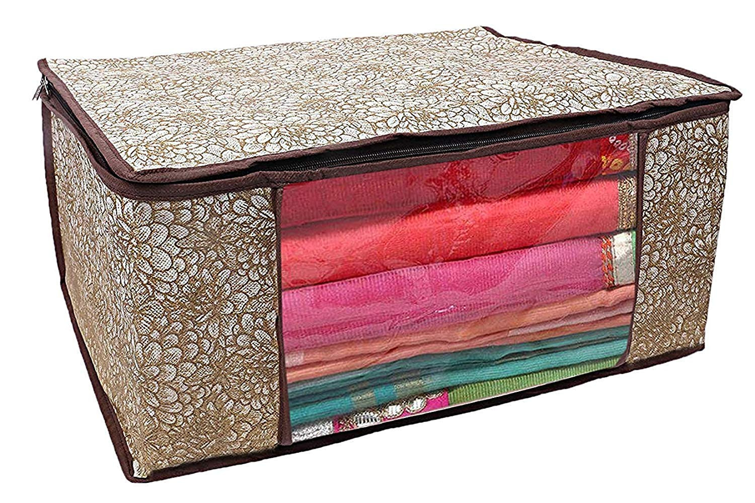 Kuber Industries Metalic Printed Non Woven Saree Cover And Underbed Storage Bag, Storage Organiser, Blanket Cover, Pink Purple & Golden Brown & Beige  -CTKTC42405