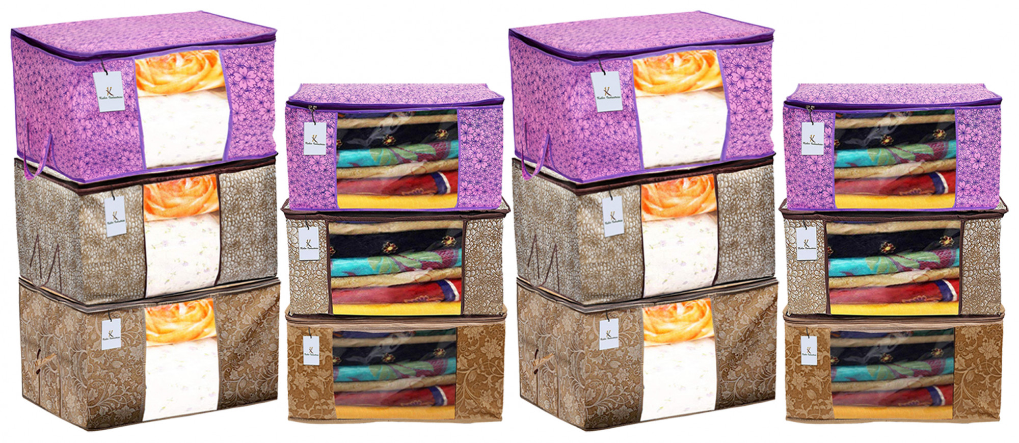 Kuber Industries Metalic Printed Non Woven Saree Cover And Underbed Storage Bag, Storage Organiser, Blanket Cover, Pink Purple & Golden Brown & Beige  -CTKTC42405