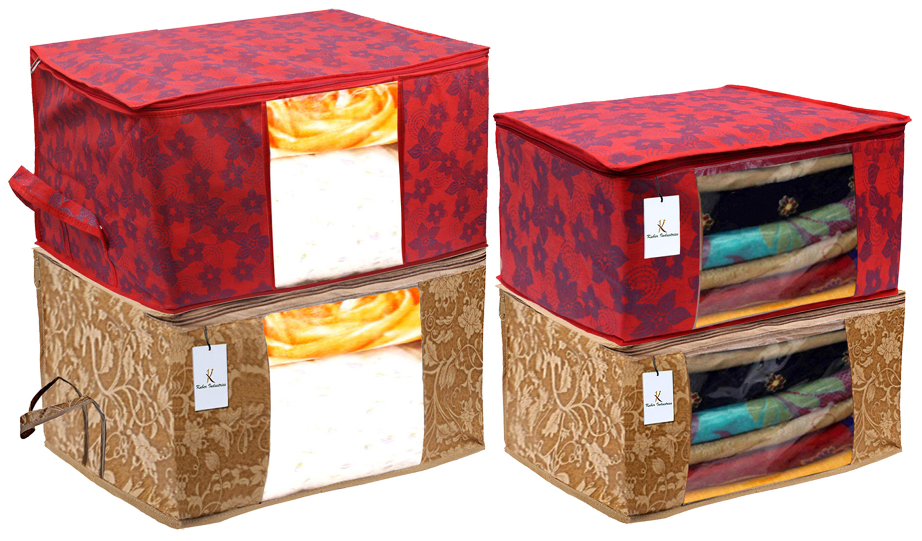Kuber Industries Metalic PrintedNon Woven Saree Cover And Underbed Storage Bag, Storage Organiser, Blanket Cover, Beige & Red  -CTKTC42371