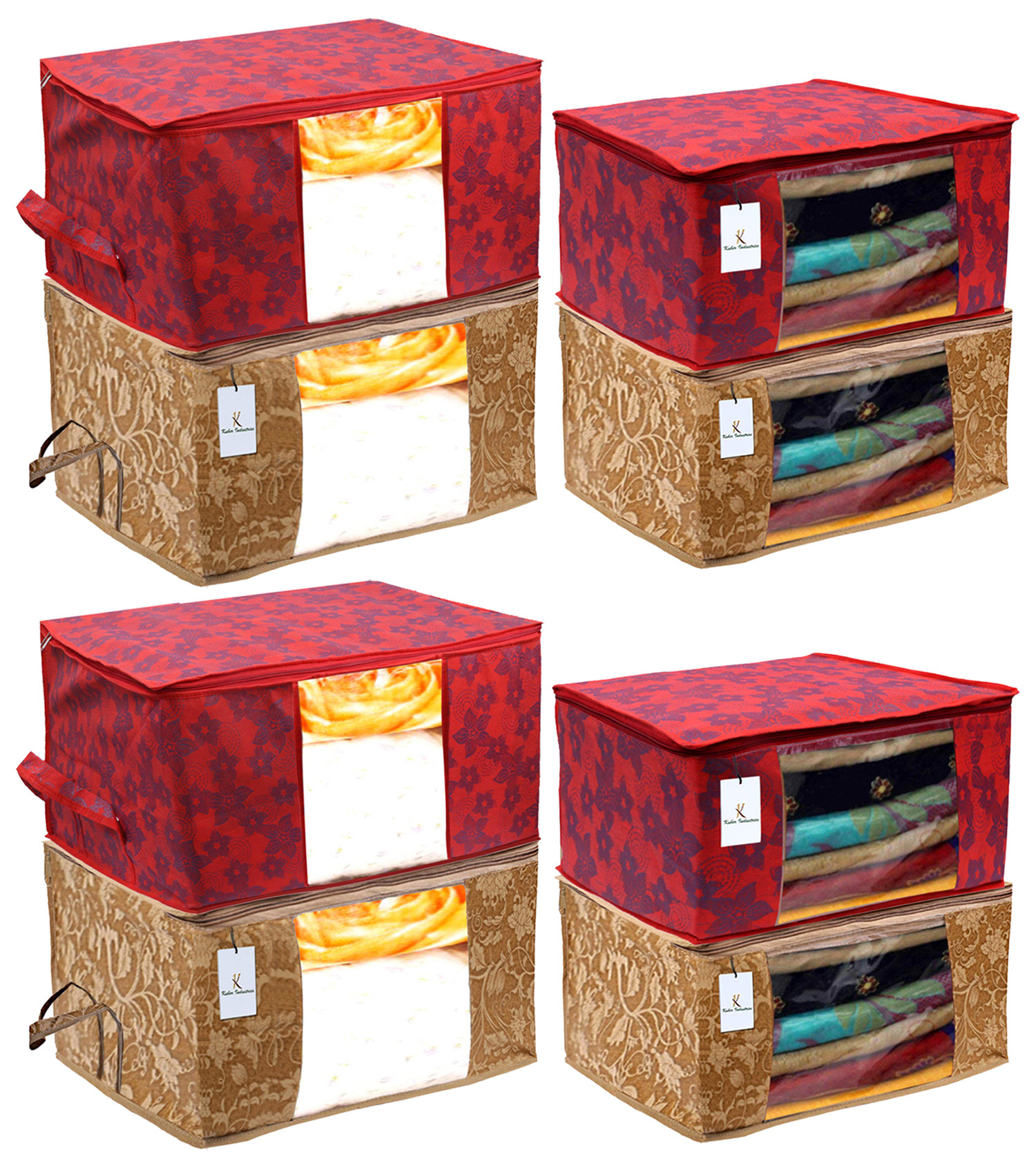 Kuber Industries Metalic PrintedNon Woven Saree Cover And Underbed Storage Bag, Storage Organiser, Blanket Cover, Beige & Red  -CTKTC42371