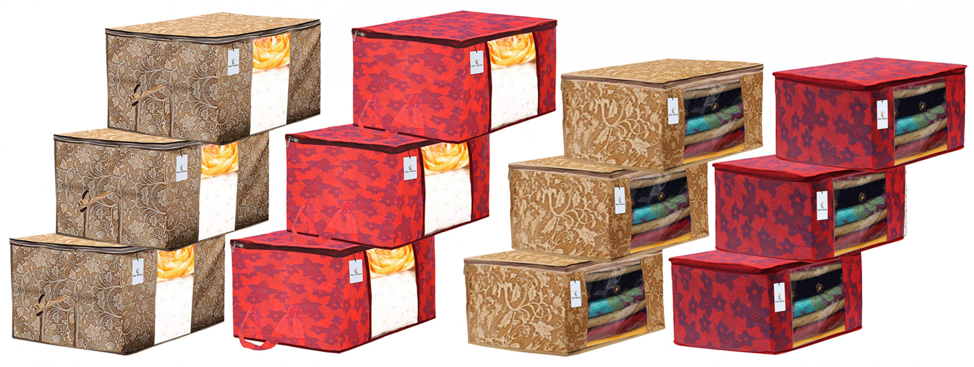 Kuber Industries Metalic PrintedNon Woven Saree Cover And Underbed Storage Bag, Storage Organiser, Blanket Cover, Beige & Red  -CTKTC42371
