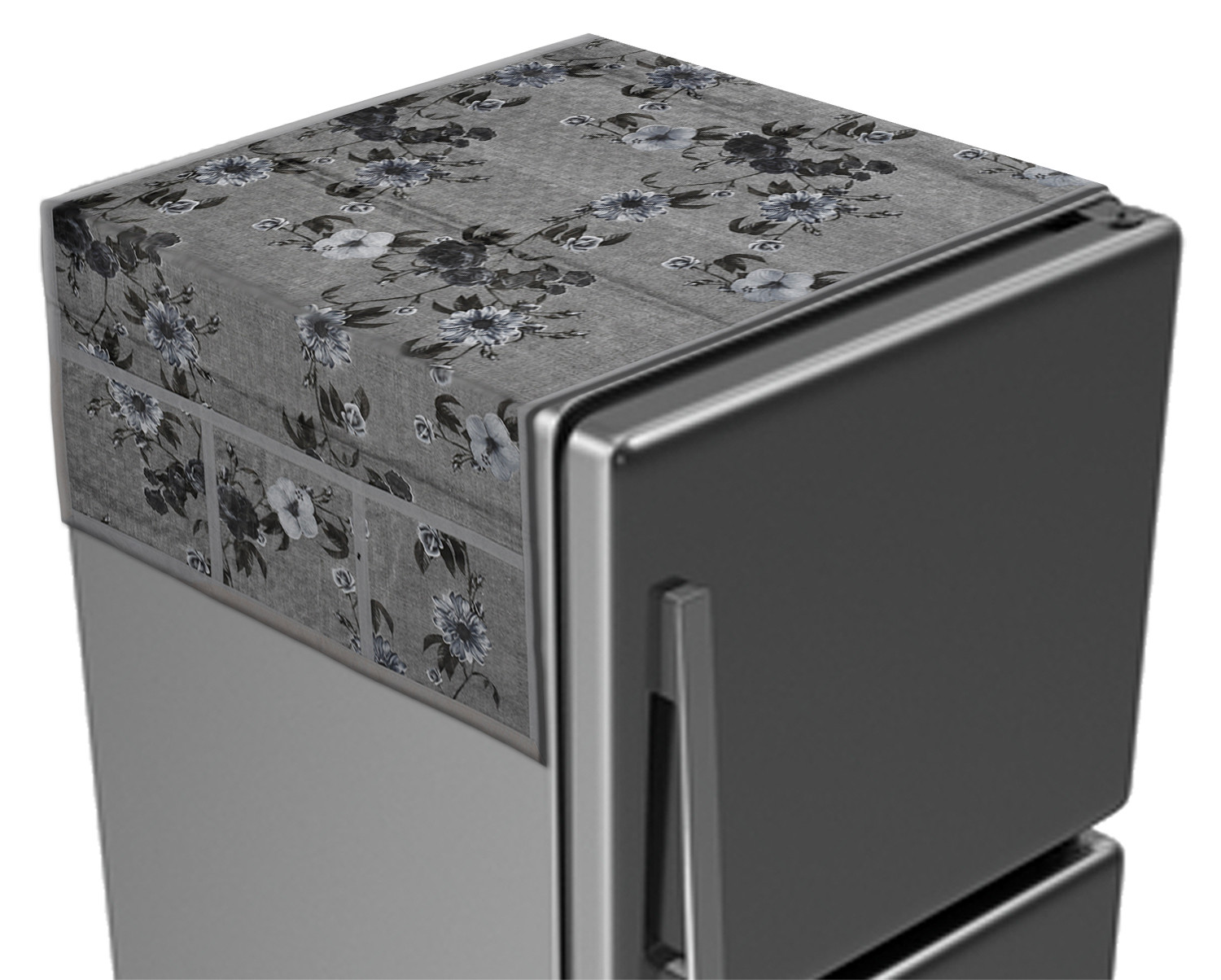Kuber Industries Metallic Flower Print PVC Fridge Top Cover With 6 Utility Side Pockets (Grey)