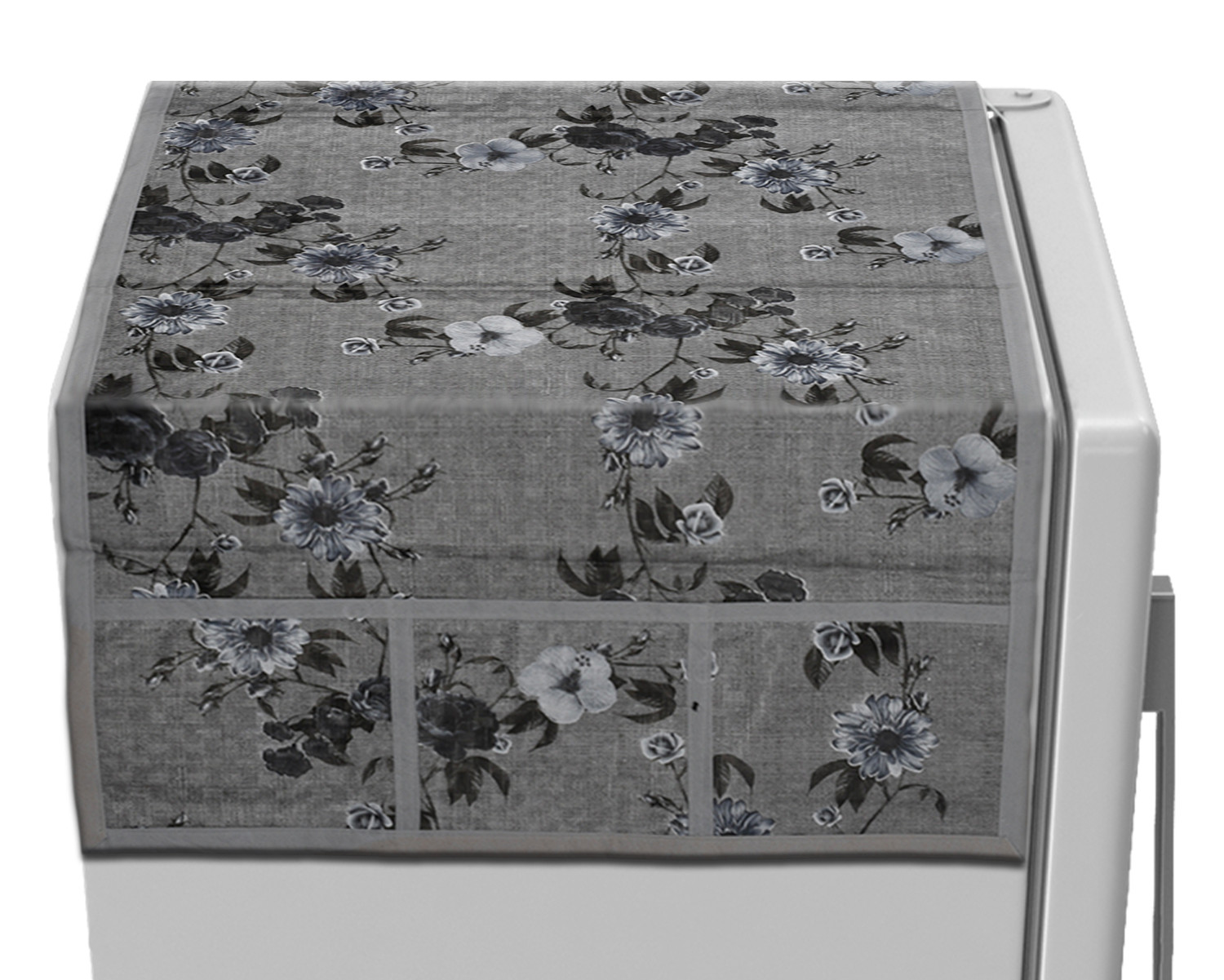 Kuber Industries Metallic Flower Print PVC Fridge Top Cover With 6 Utility Side Pockets (Grey)