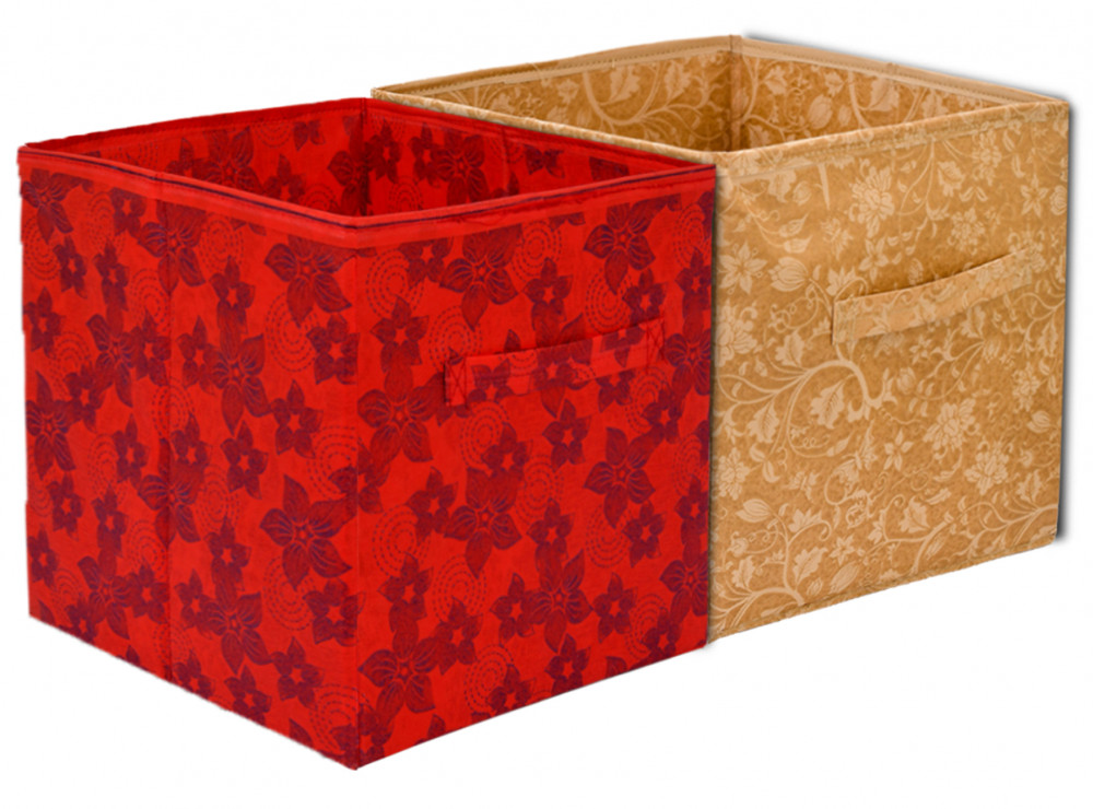 Kuber Industries Metallic Print Non Woven 2 Pieces Fabric Foldable Cubes Storage Box with Handle, Extra Large (Red &amp; Beige)-KUBMART1758