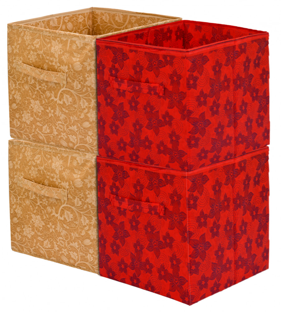 Kuber Industries Metallic Print Non Woven 4 Pieces Fabric Foldable Cubes Storage Box with Handle, Extra Large (Red &amp; Beige)-KUBMART1760