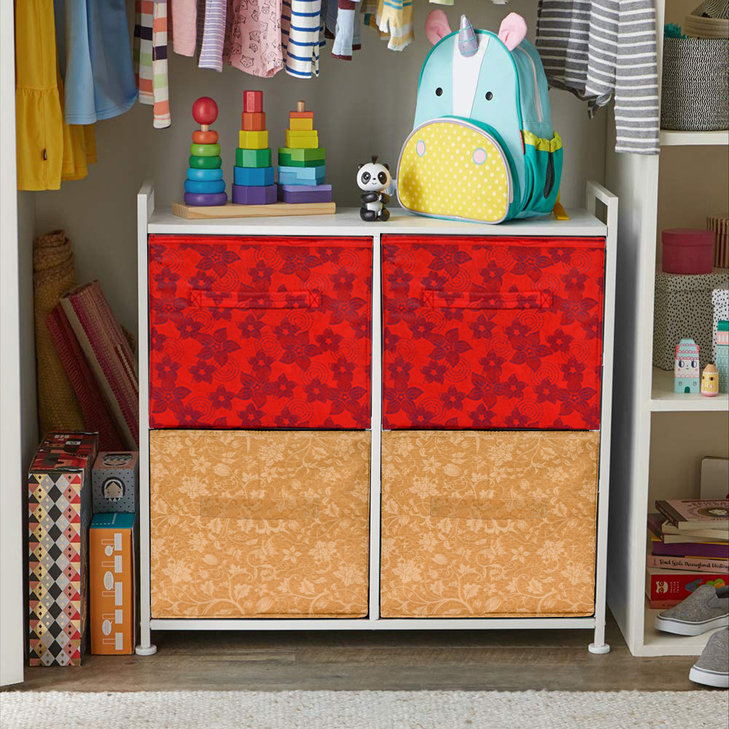 Kuber Industries Metallic Print Non Woven 4 Pieces Fabric Foldable Cubes Storage Box with Handle, Extra Large (Red & Beige)-KUBMART1760