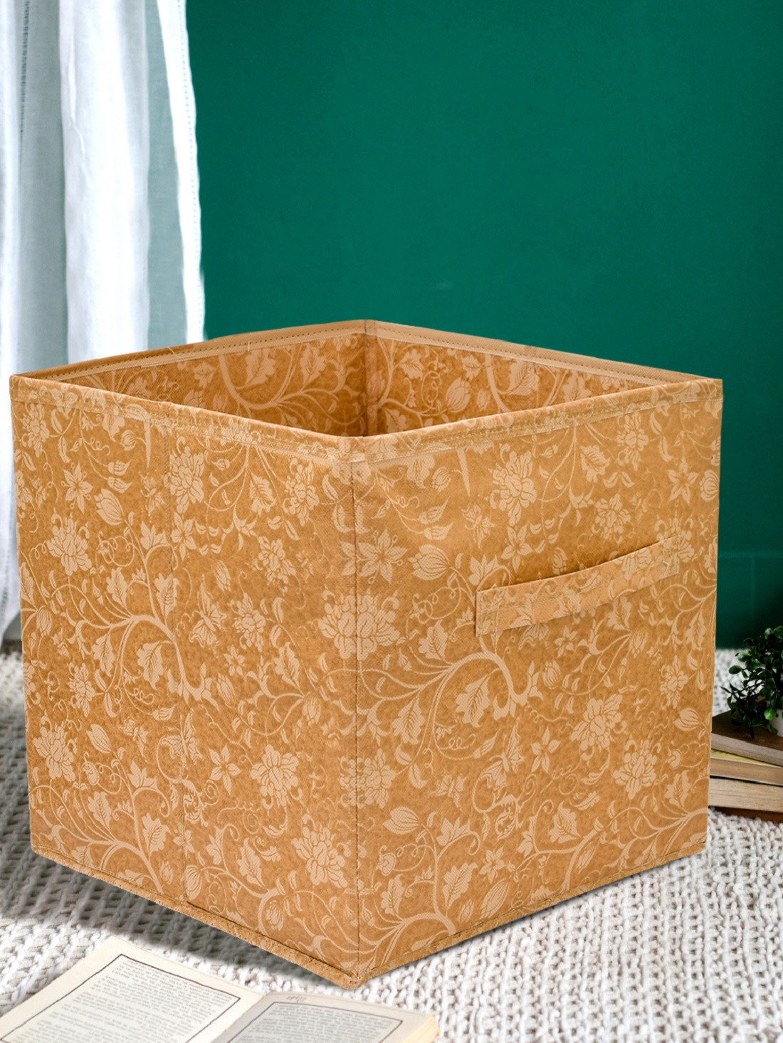 Kuber Industries Metallic Print Non Woven 4 Pieces Fabric Foldable Cubes Storage Box with Handle, Extra Large (Red & Beige)-KUBMART1760