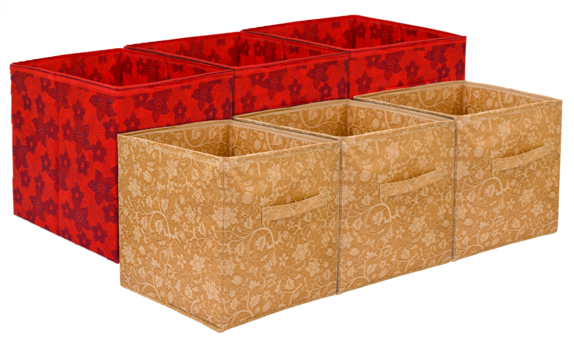 Kuber Industries Metallic Print Non Woven 6 Pieces Fabric Foldable Cubes Storage Box with Handle, Extra Large (Red & Beige)-KUBMART1762