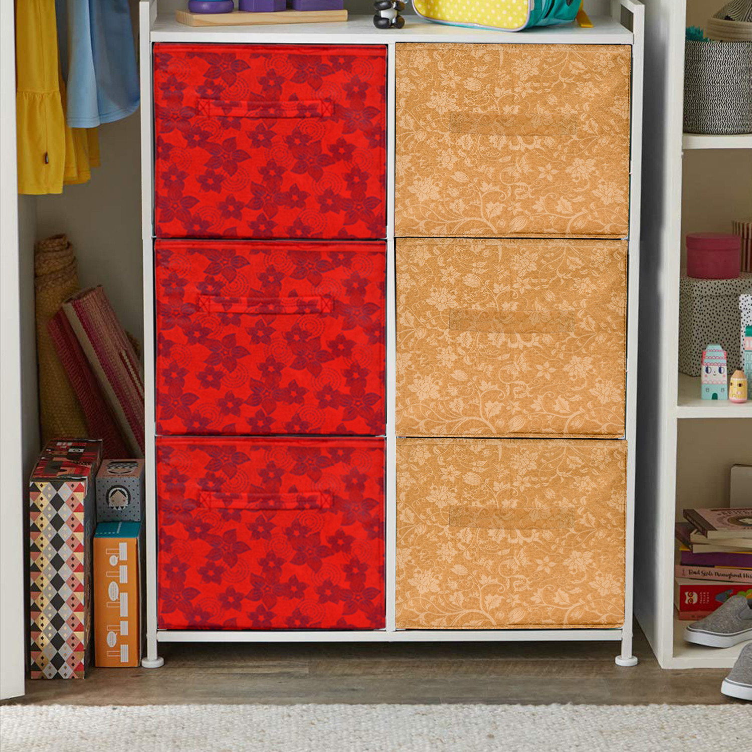 Kuber Industries Metallic Print Non Woven 6 Pieces Fabric Foldable Cubes Storage Box with Handle, Extra Large (Red & Beige)-KUBMART1762