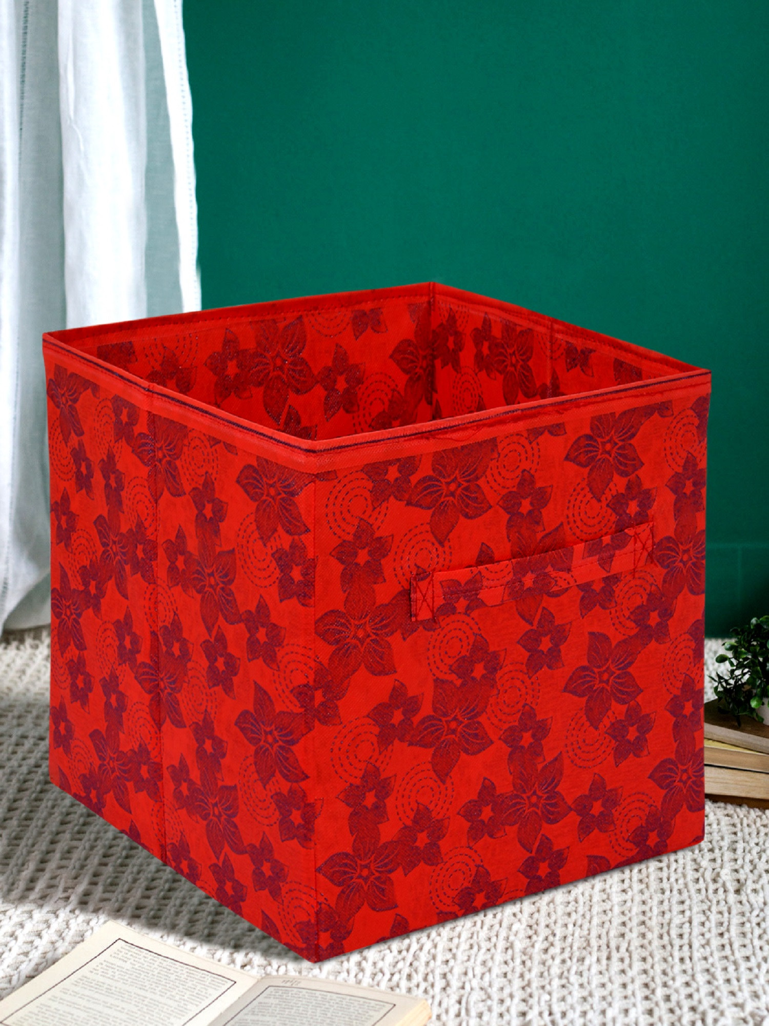 Kuber Industries Metallic Print Non Woven Fabric Foldable Cubes Storage Box with Handle, Extra Large (Red)-KUBMART1738
