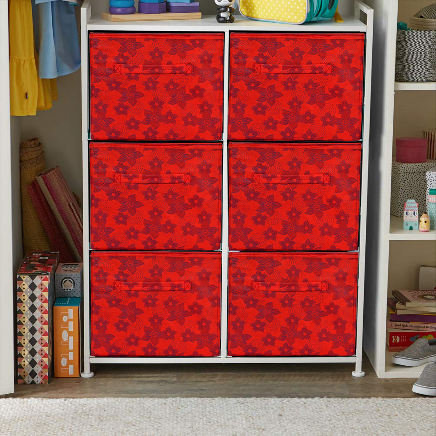 Kuber Industries Metallic Print Non Woven Fabric Foldable Cubes Storage Box with Handle, Extra Large (Red)-KUBMART1738