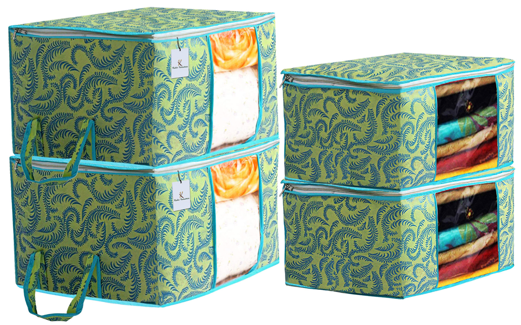 Kuber Industries Metallic Printed Non Woven Saree Cover And Underbed Storage Bag, Cloth Organizer For Storage, Blanket Cover Combo Set (Green) -CTKTC38523