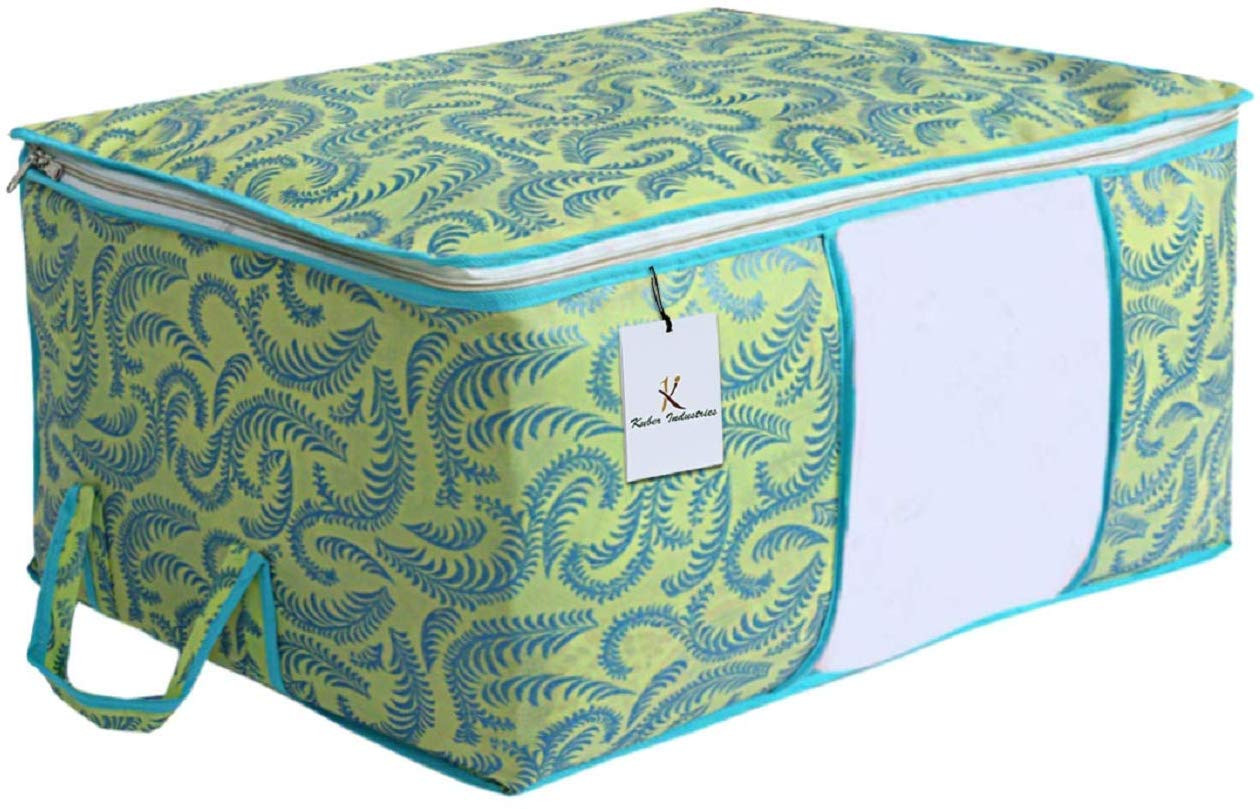 Kuber Industries Metallic Printed Non Woven Saree Cover And Underbed Storage Bag, Cloth Organizer For Storage, Blanket Cover Combo Set (Green) -CTKTC38523
