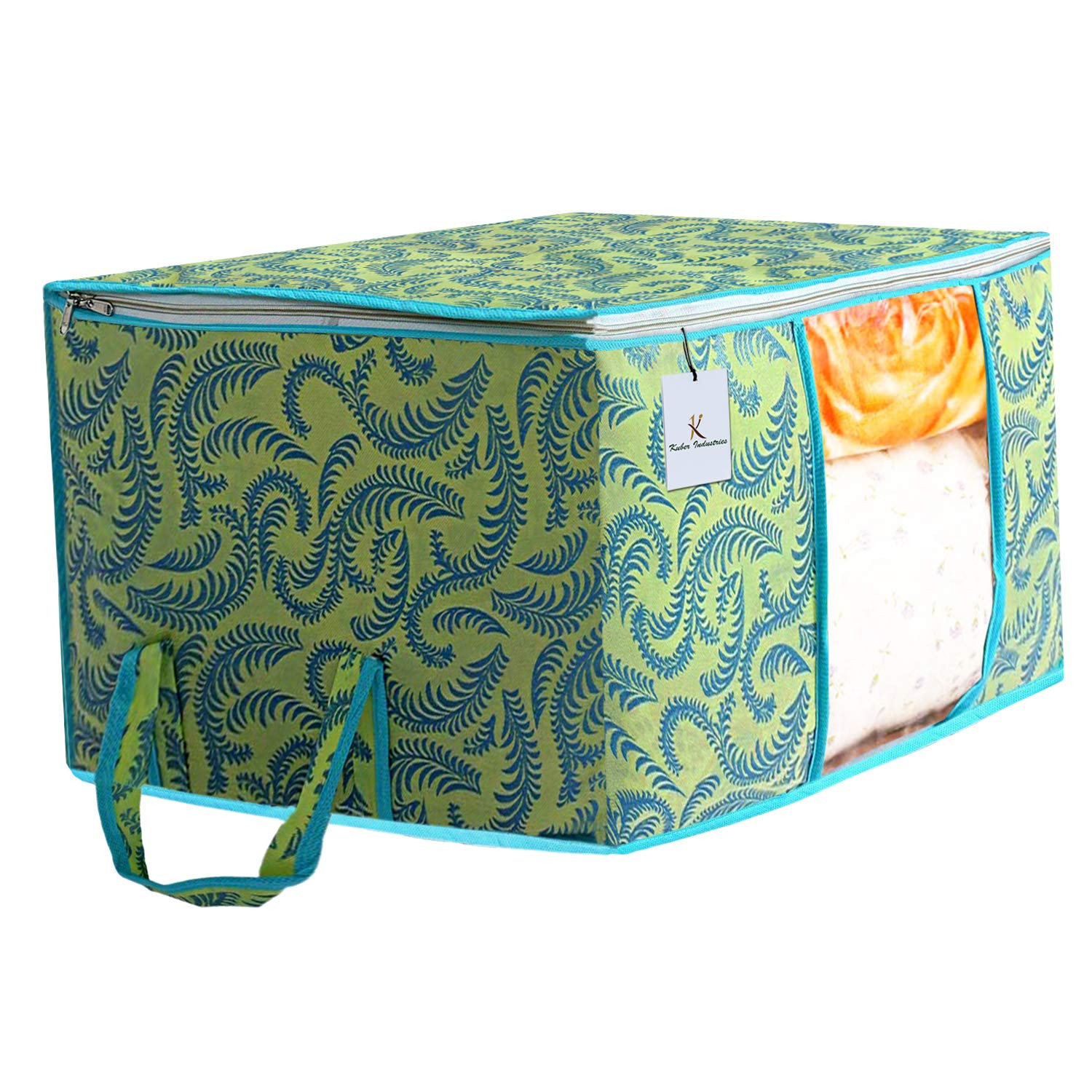 Kuber Industries Metallic Printed Non Woven Saree Cover And Underbed Storage Bag, Cloth Organizer For Storage, Blanket Cover Combo Set (Green) -CTKTC38523