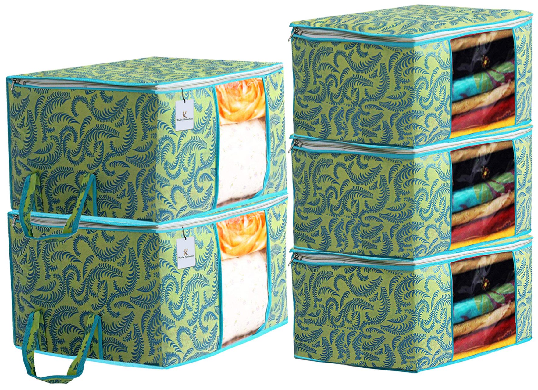 Kuber Industries Metallic Printed Non Woven Saree Cover And Underbed Storage Bag, Cloth Organizer For Storage, Blanket Cover Combo Set (Green) -CTKTC38523