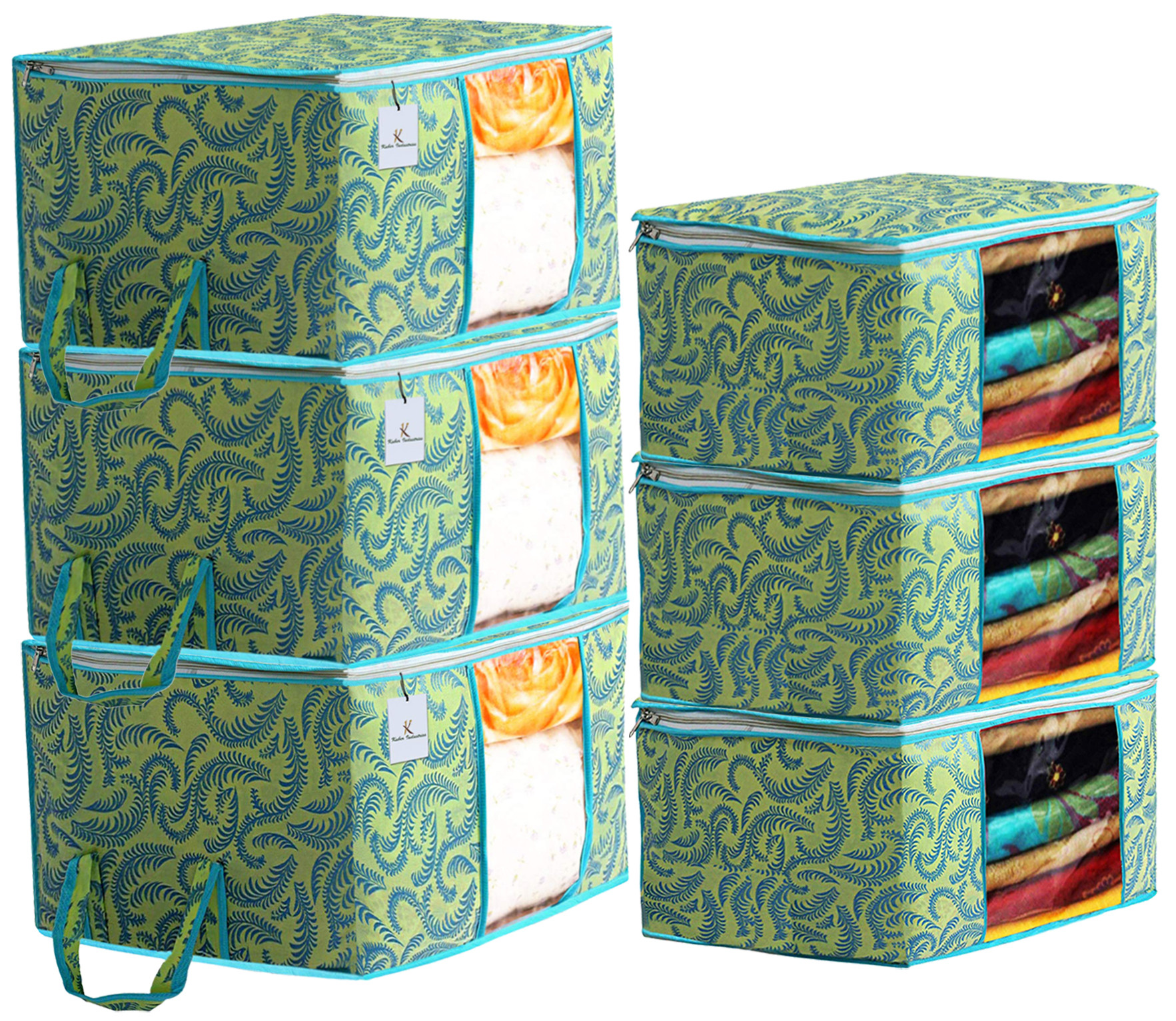 Kuber Industries Metallic Printed Non Woven Saree Cover And Underbed Storage Bag, Cloth Organizer For Storage, Blanket Cover Combo Set (Green) -CTKTC38523