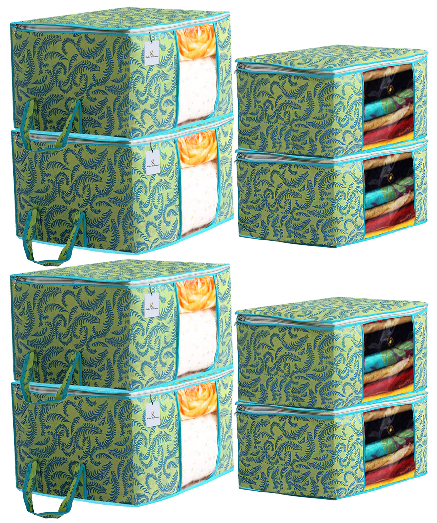 Kuber Industries Metallic Printed Non Woven Saree Cover And Underbed Storage Bag, Cloth Organizer For Storage, Blanket Cover Combo Set (Green) -CTKTC38523
