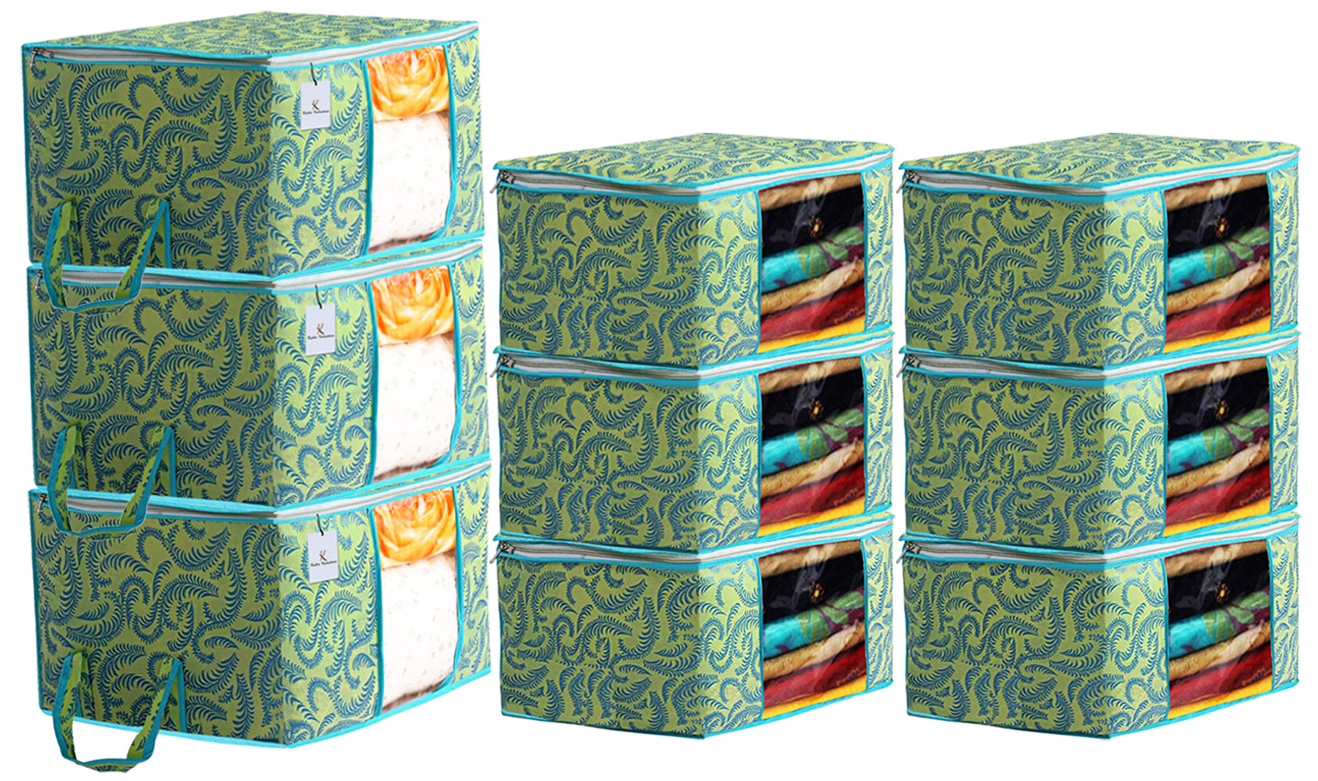 Kuber Industries Metallic Printed Non Woven Saree Cover And Underbed Storage Bag, Cloth Organizer For Storage, Blanket Cover Combo Set (Green) -CTKTC38523