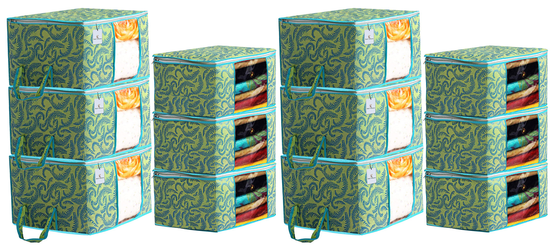 Kuber Industries Metallic Printed Non Woven Saree Cover And Underbed Storage Bag, Cloth Organizer For Storage, Blanket Cover Combo Set (Green) -CTKTC38523