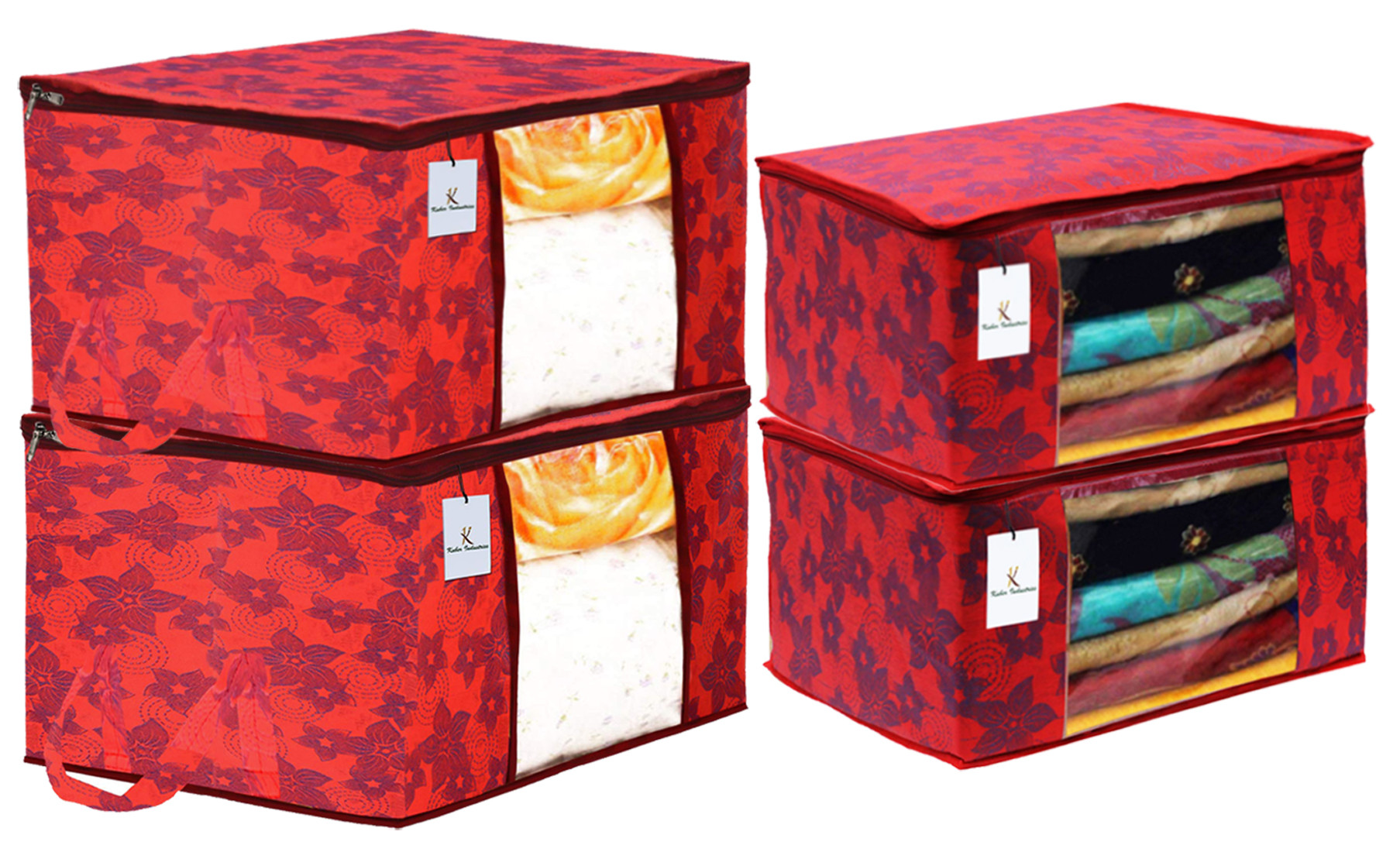 Kuber Industries Metallic Printed Non Woven Saree Cover And Underbed Storage Bag, Cloth Organizer For Storage, Blanket Cover Combo Set (Red) -CTKTC38547