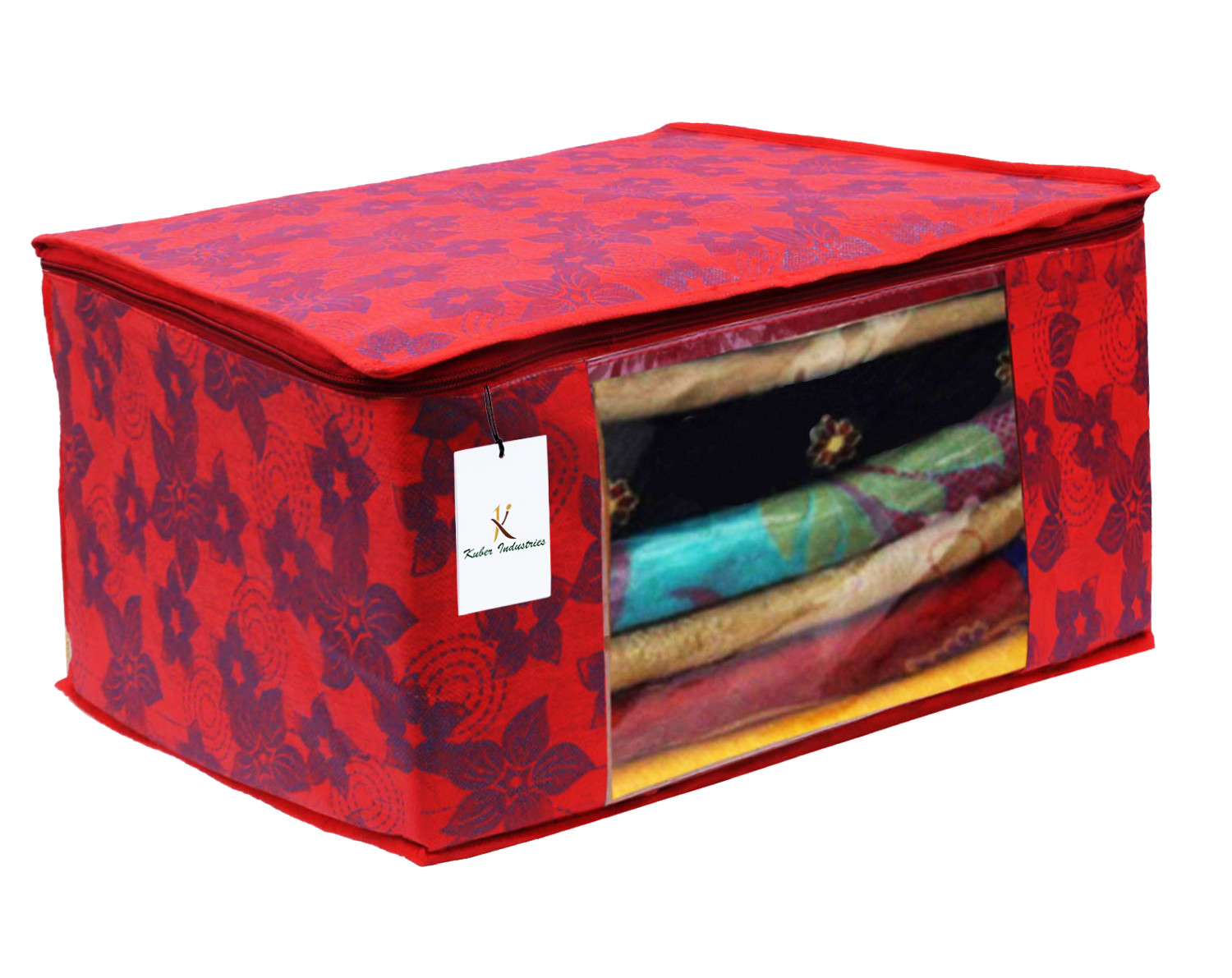 Kuber Industries Metallic Printed Non Woven Saree Cover And Underbed Storage Bag, Cloth Organizer For Storage, Blanket Cover Combo Set (Red) -CTKTC38547