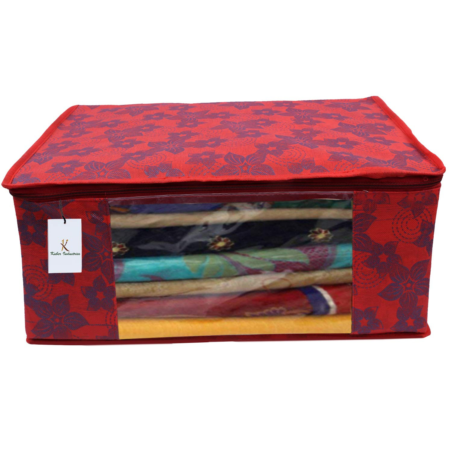Kuber Industries Metallic Printed Non Woven Saree Cover And Underbed Storage Bag, Cloth Organizer For Storage, Blanket Cover Combo Set (Red) -CTKTC38547