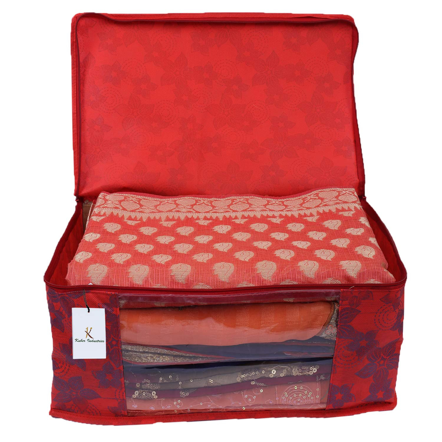 Kuber Industries Metallic Printed Non Woven Saree Cover And Underbed Storage Bag, Cloth Organizer For Storage, Blanket Cover Combo Set (Red) -CTKTC38547