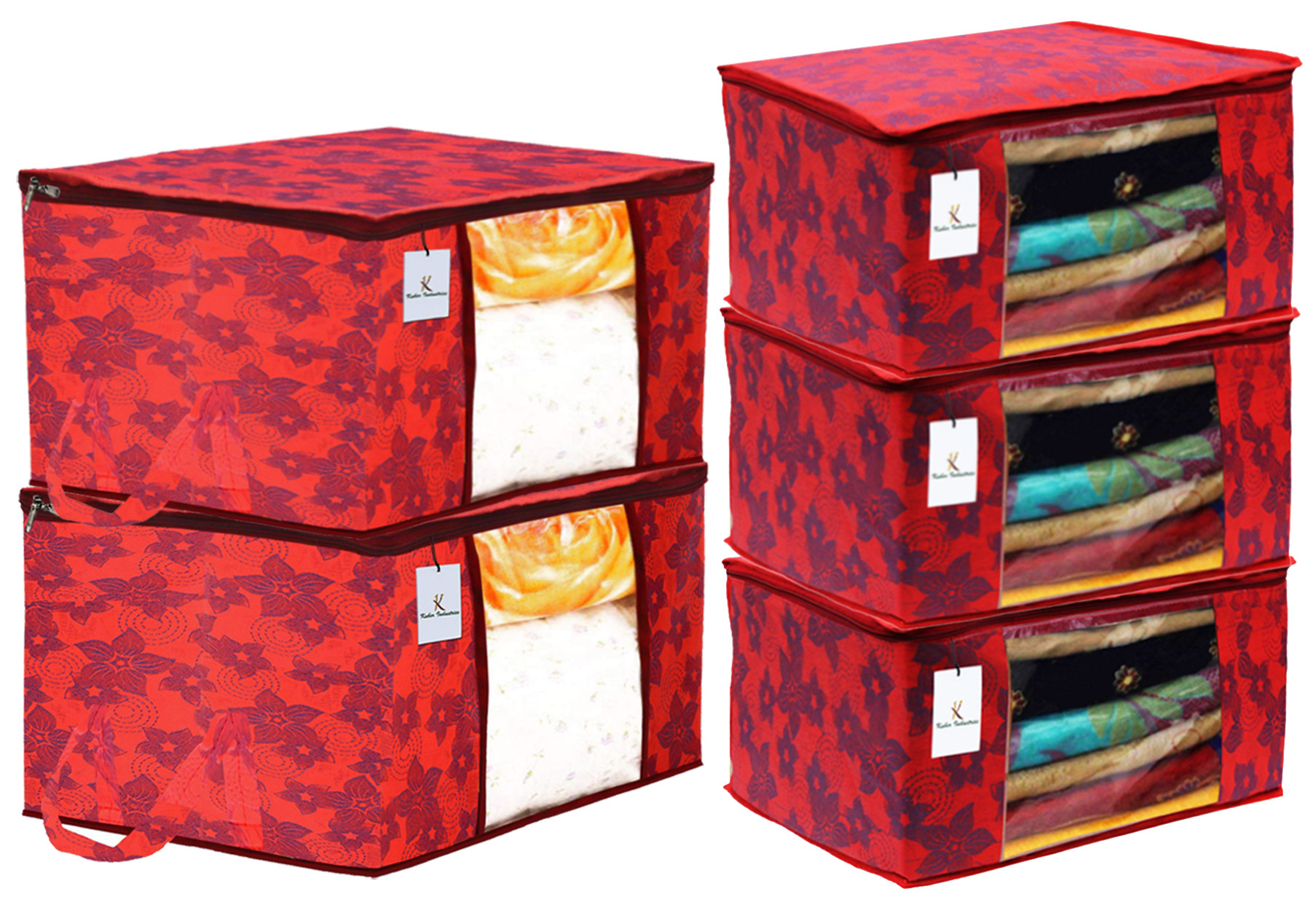 Kuber Industries Metallic Printed Non Woven Saree Cover And Underbed Storage Bag, Cloth Organizer For Storage, Blanket Cover Combo Set (Red) -CTKTC38547