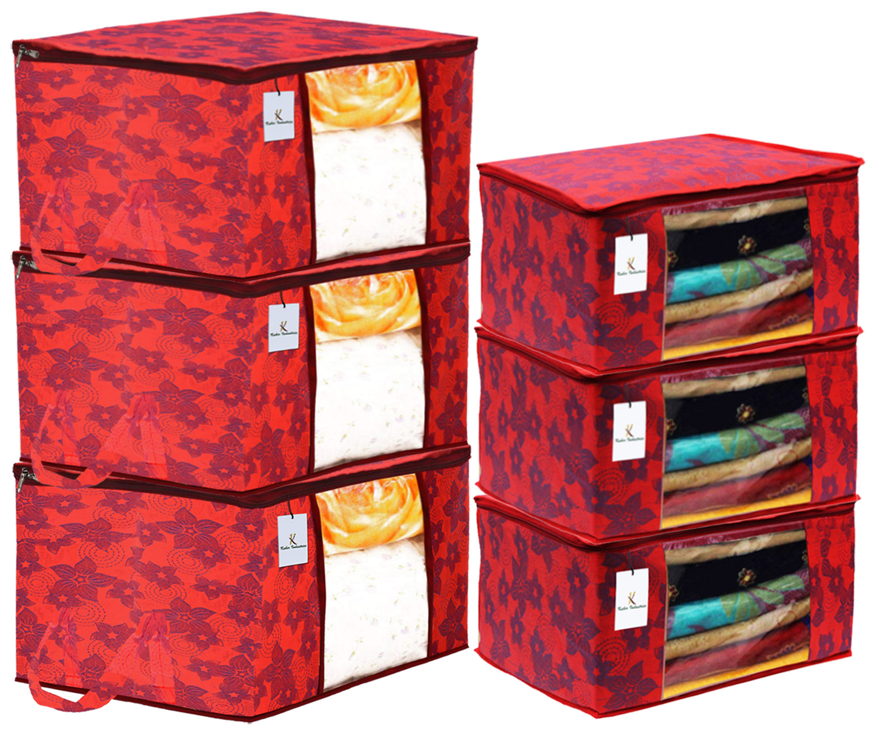 Kuber Industries Metallic Printed Non Woven Saree Cover And Underbed Storage Bag, Cloth Organizer For Storage, Blanket Cover Combo Set (Red) -CTKTC38547