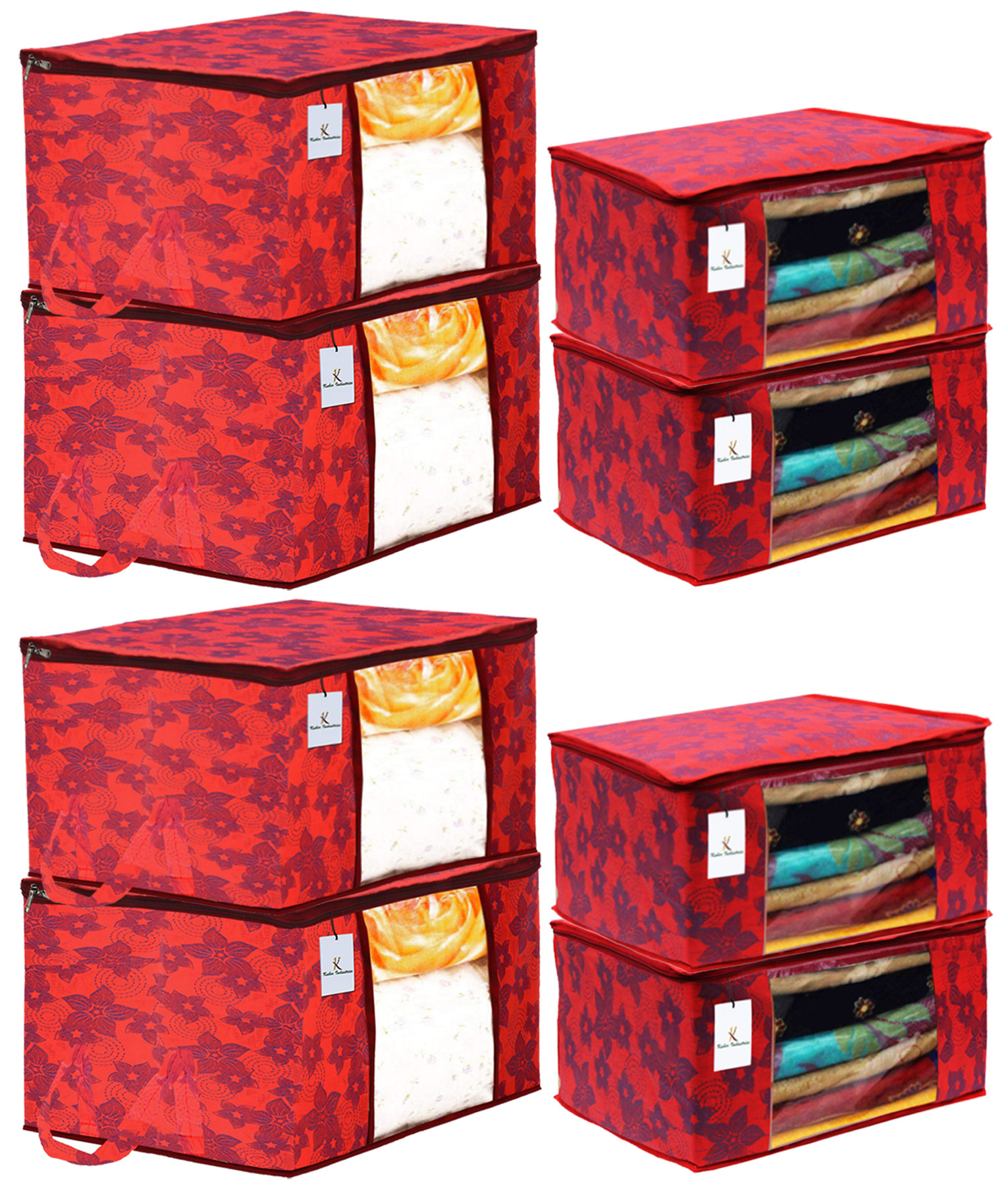 Kuber Industries Metallic Printed Non Woven Saree Cover And Underbed Storage Bag, Cloth Organizer For Storage, Blanket Cover Combo Set (Red) -CTKTC38547