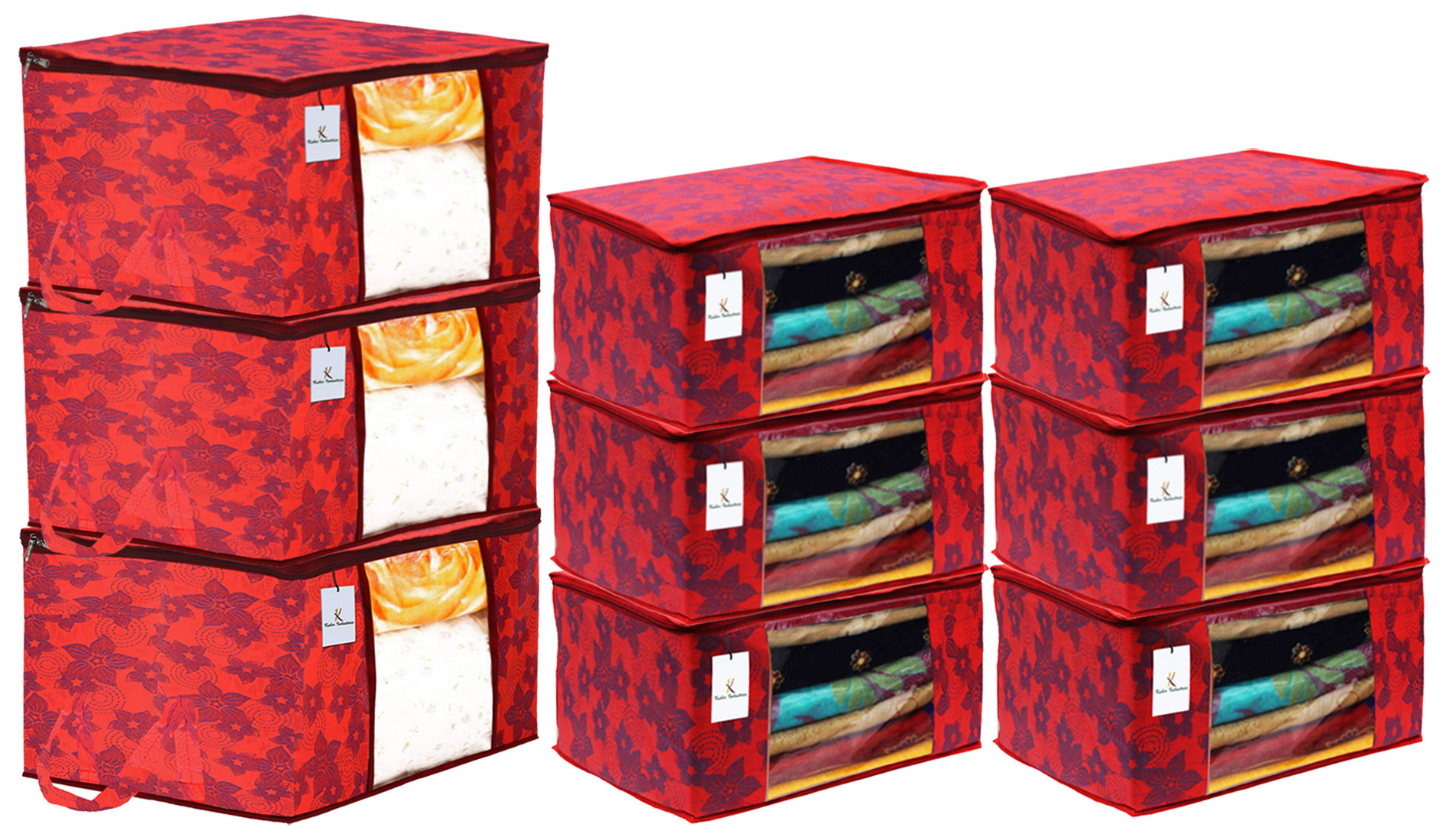 Kuber Industries Metallic Printed Non Woven Saree Cover And Underbed Storage Bag, Cloth Organizer For Storage, Blanket Cover Combo Set (Red) -CTKTC38547