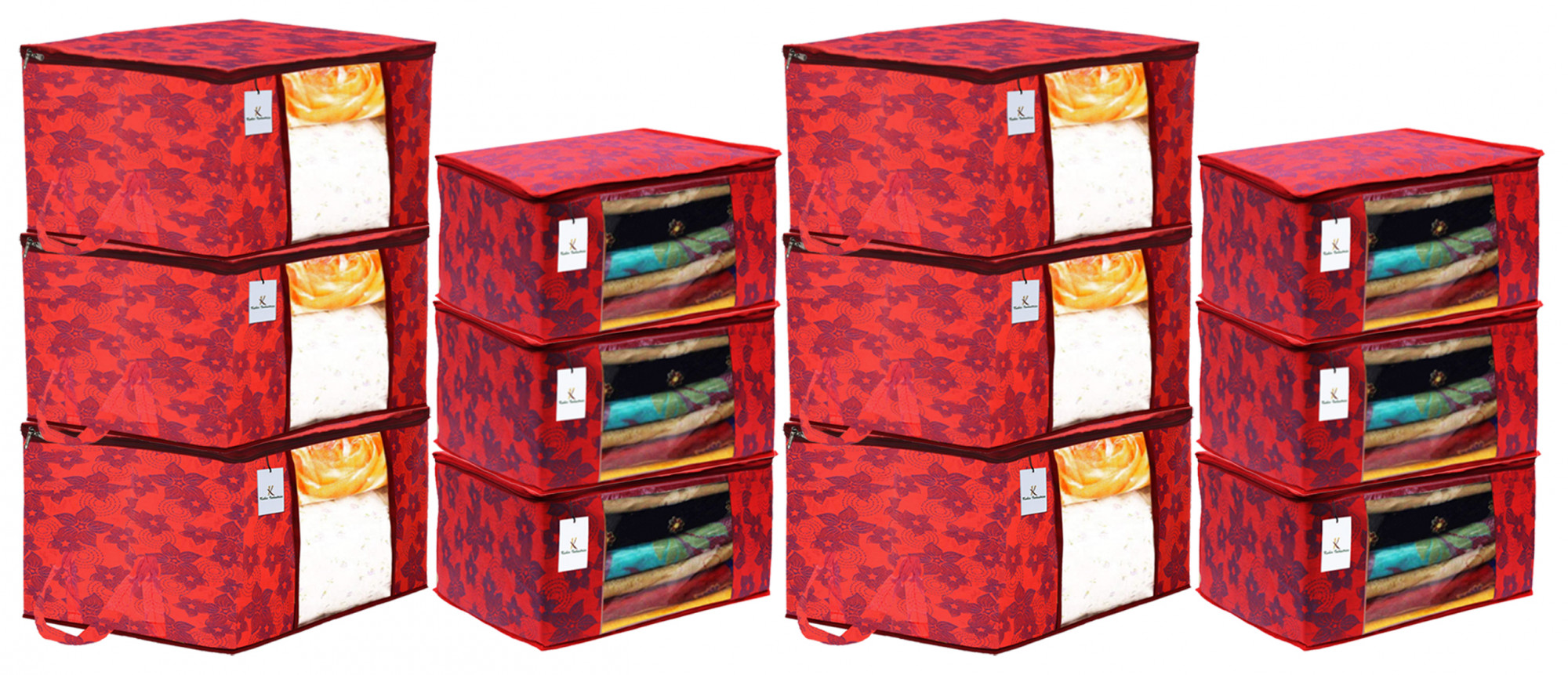 Kuber Industries Metallic Printed Non Woven Saree Cover And Underbed Storage Bag, Cloth Organizer For Storage, Blanket Cover Combo Set (Red) -CTKTC38547