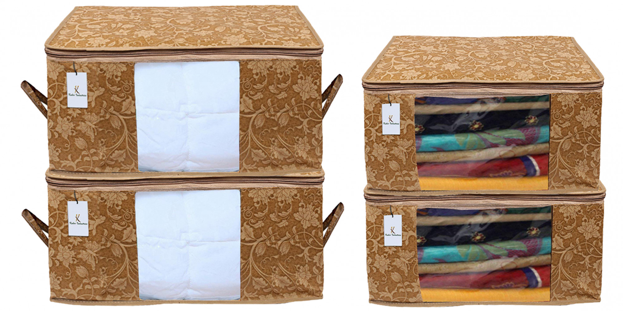 Kuber Industries Metallic Printed Non Woven Saree Cover And Underbed Storage Bag, Cloth Organizer For Storage, Blanket Cover Combo Set (Beige) -CTKTC38559