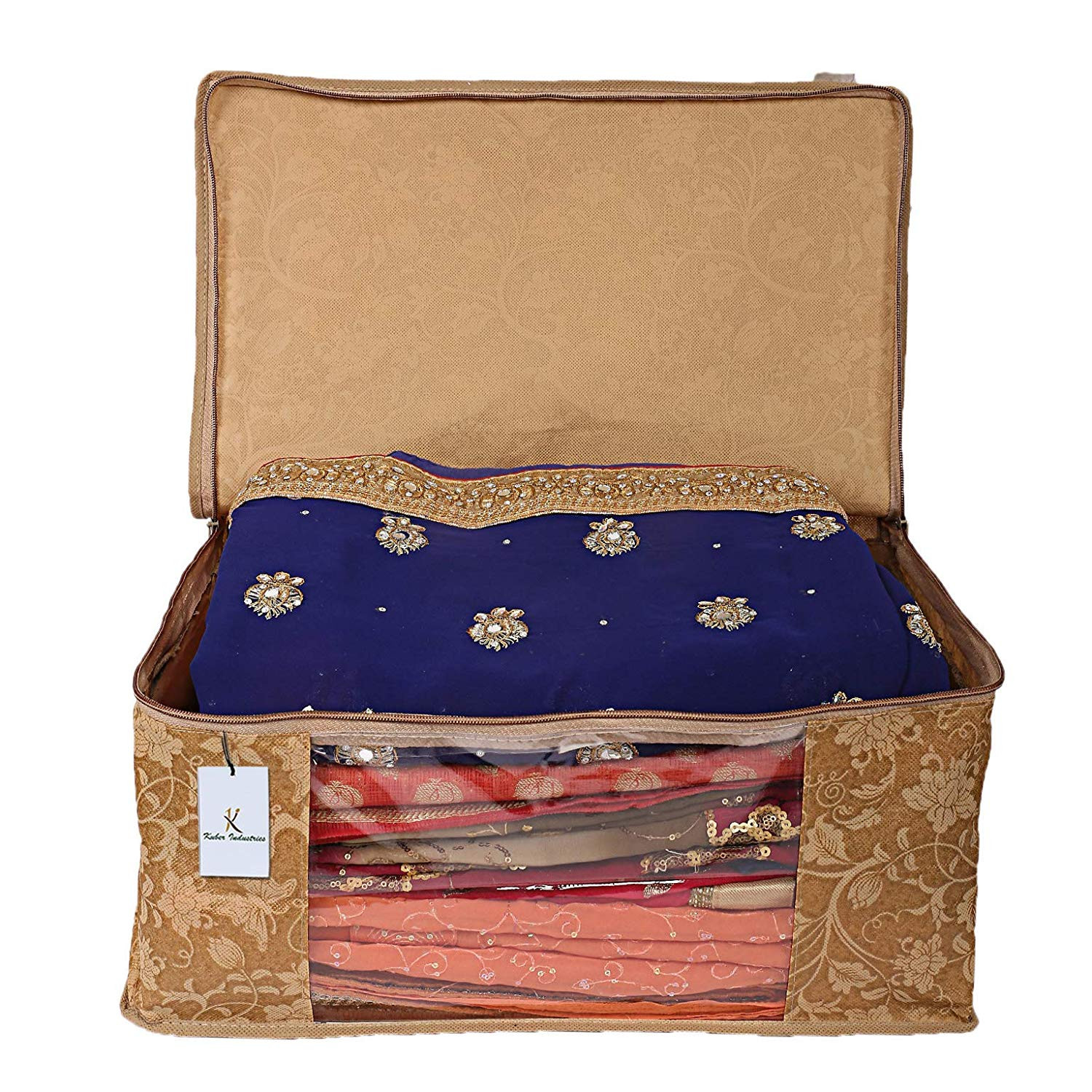 Kuber Industries Metallic Printed Non Woven Saree Cover And Underbed Storage Bag, Cloth Organizer For Storage, Blanket Cover Combo Set (Beige) -CTKTC38559