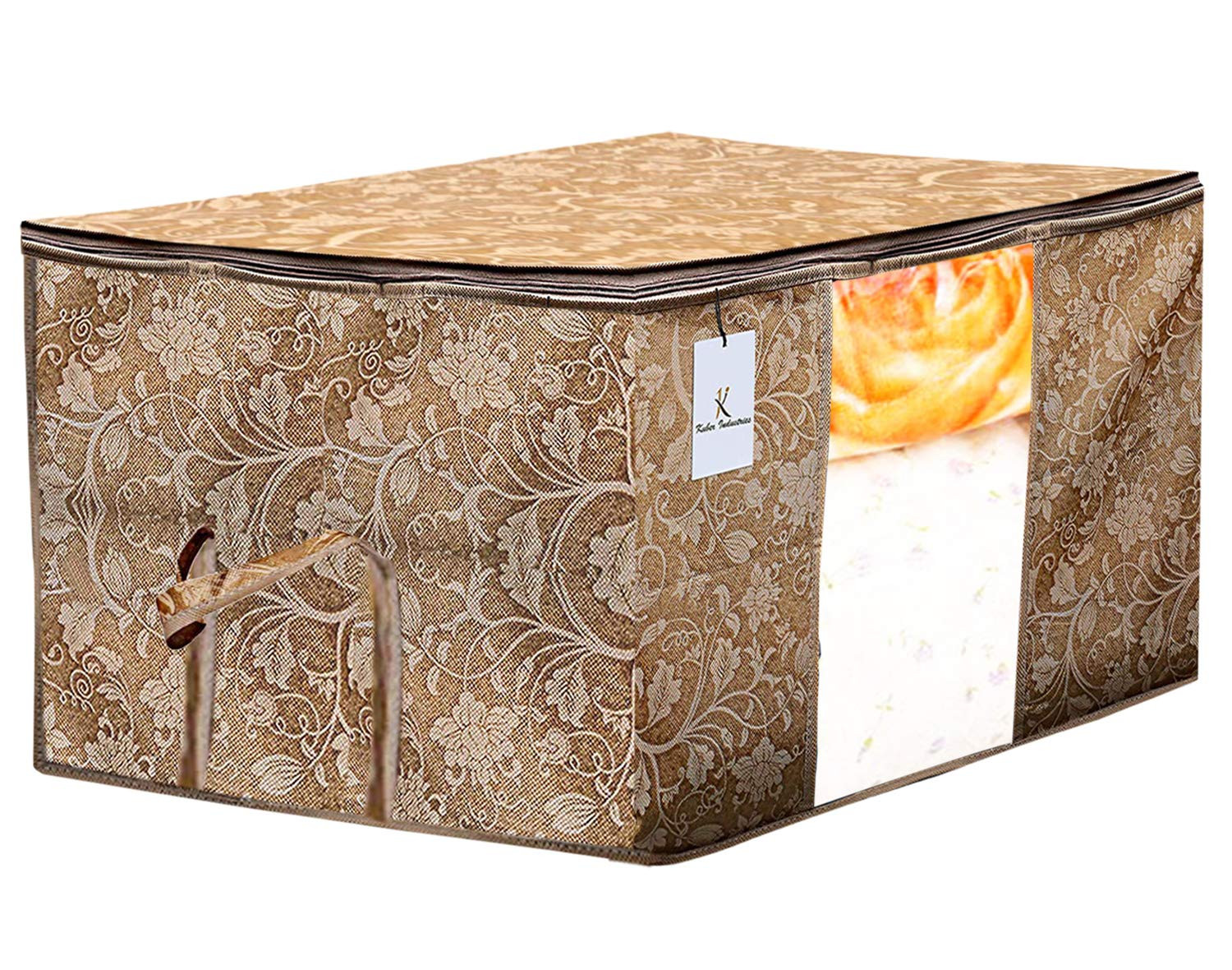 Kuber Industries Metallic Printed Non Woven Saree Cover And Underbed Storage Bag, Cloth Organizer For Storage, Blanket Cover Combo Set (Beige) -CTKTC38559