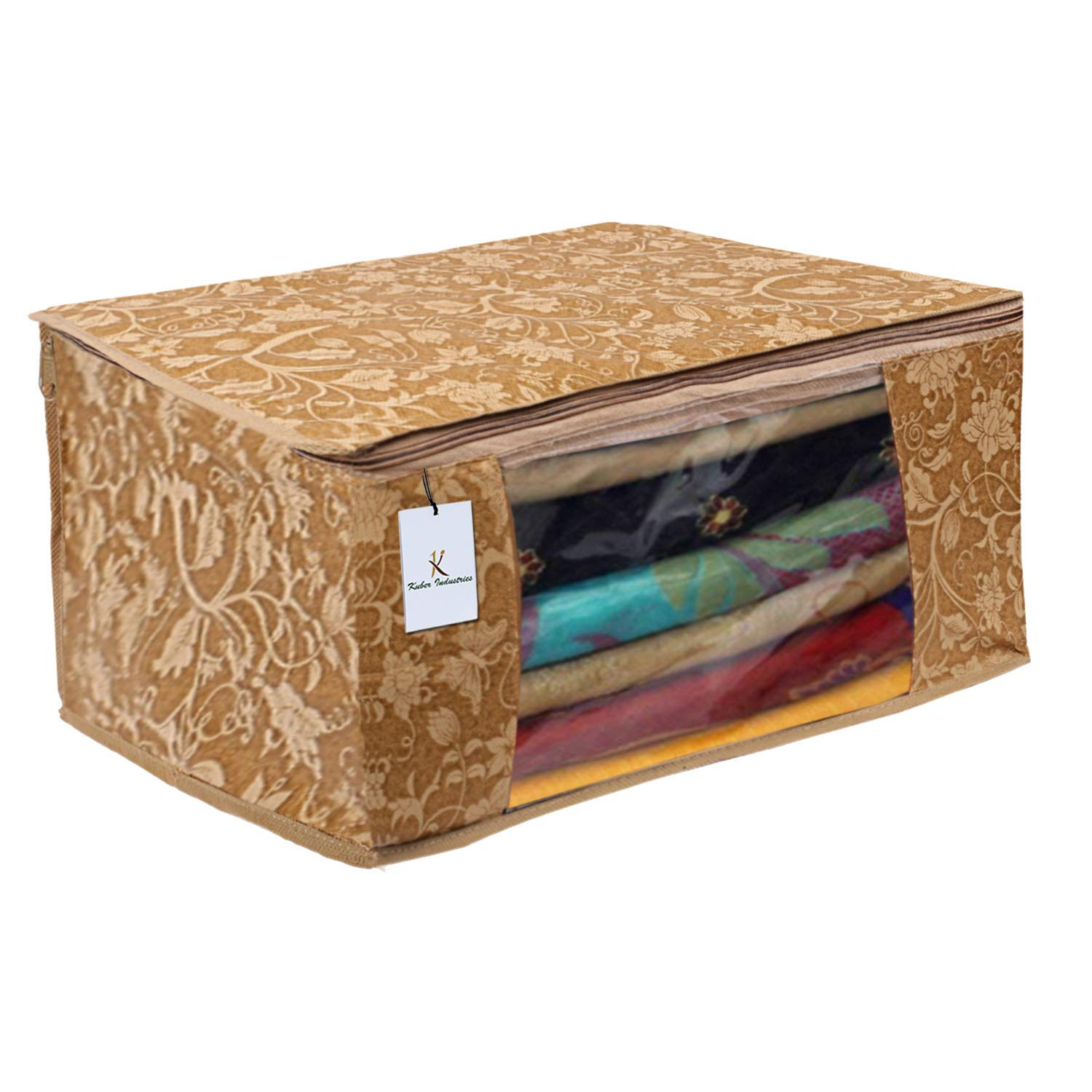 Kuber Industries Metallic Printed Non Woven Saree Cover And Underbed Storage Bag, Cloth Organizer For Storage, Blanket Cover Combo Set (Beige) -CTKTC38559