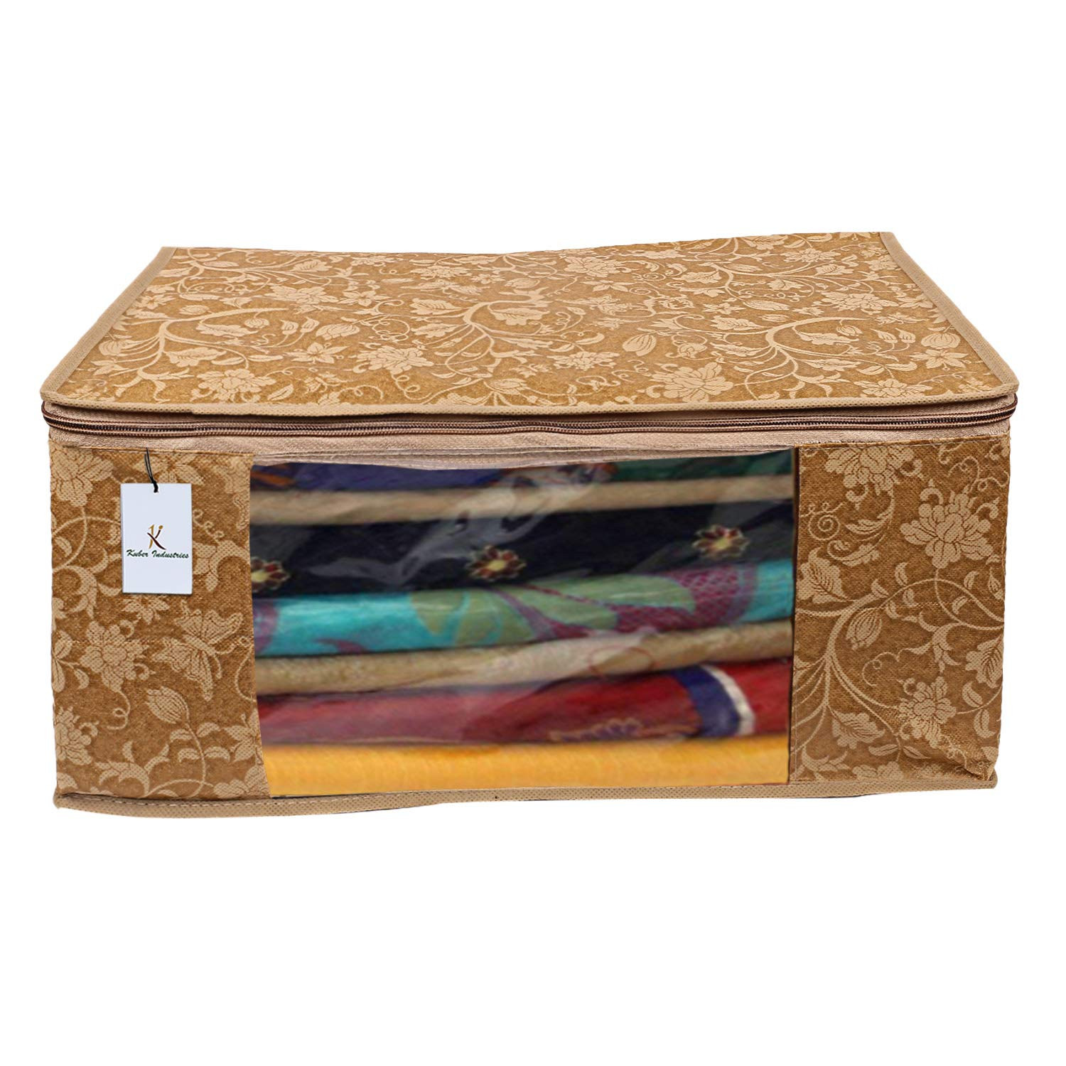 Kuber Industries Metallic Printed Non Woven Saree Cover And Underbed Storage Bag, Cloth Organizer For Storage, Blanket Cover Combo Set (Beige) -CTKTC38559