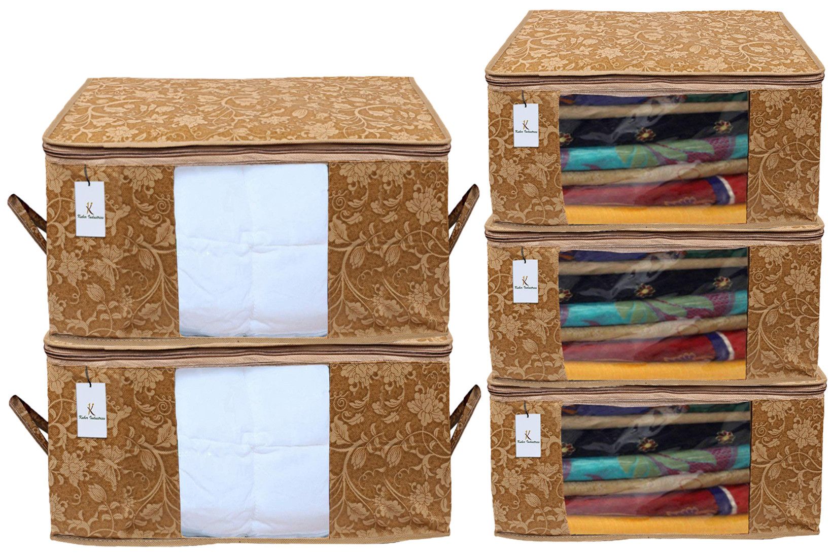 Kuber Industries Metallic Printed Non Woven Saree Cover And Underbed Storage Bag, Cloth Organizer For Storage, Blanket Cover Combo Set (Beige) -CTKTC38559