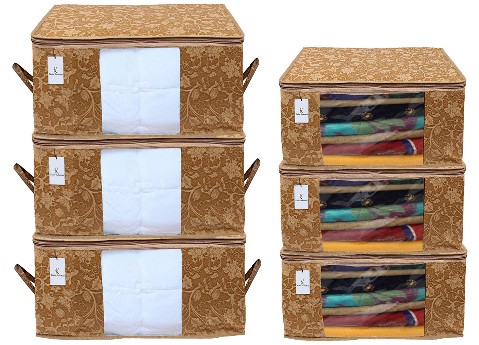Kuber Industries Metallic Printed Non Woven Saree Cover And Underbed Storage Bag, Cloth Organizer For Storage, Blanket Cover Combo Set (Beige) -CTKTC38559