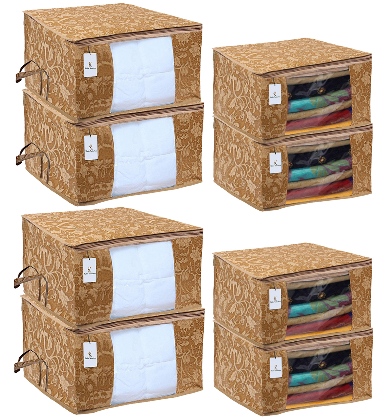 Kuber Industries Metallic Printed Non Woven Saree Cover And Underbed Storage Bag, Cloth Organizer For Storage, Blanket Cover Combo Set (Beige) -CTKTC38559