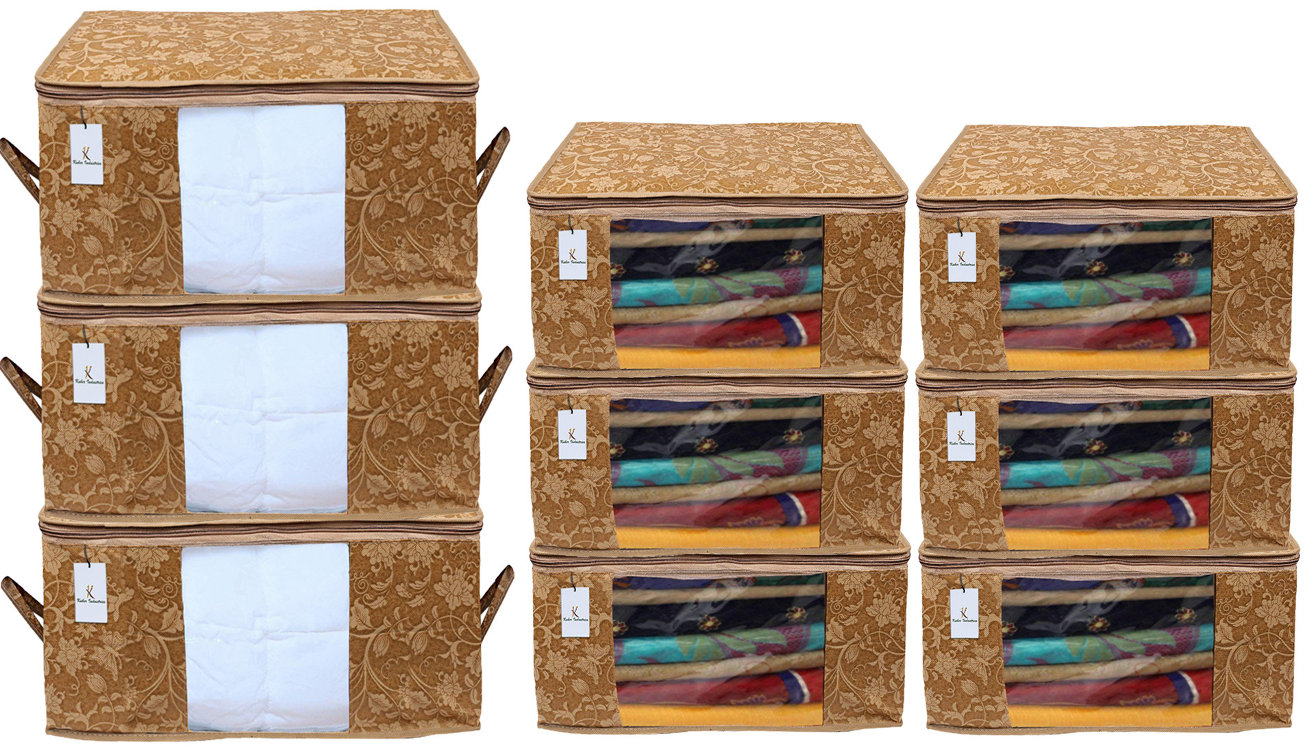 Kuber Industries Metallic Printed Non Woven Saree Cover And Underbed Storage Bag, Cloth Organizer For Storage, Blanket Cover Combo Set (Beige) -CTKTC38559