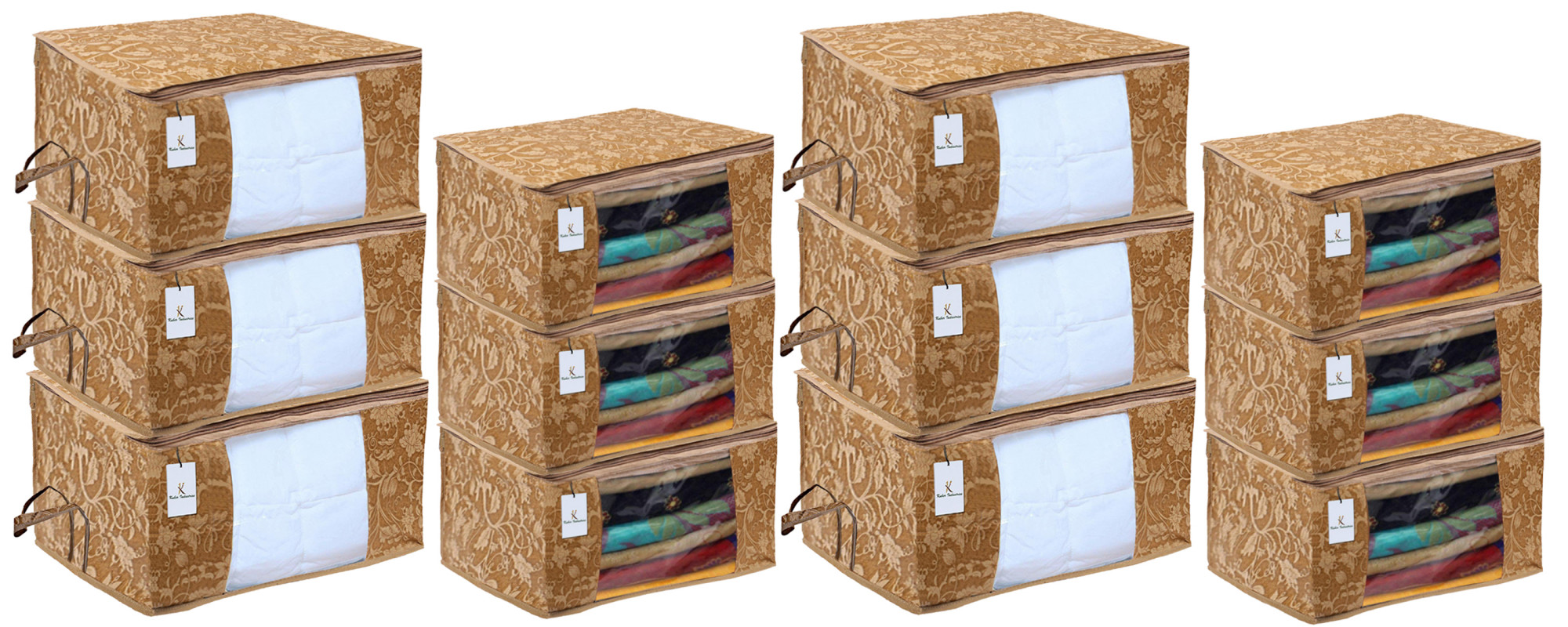 Kuber Industries Metallic Printed Non Woven Saree Cover And Underbed Storage Bag, Cloth Organizer For Storage, Blanket Cover Combo Set (Beige) -CTKTC38559